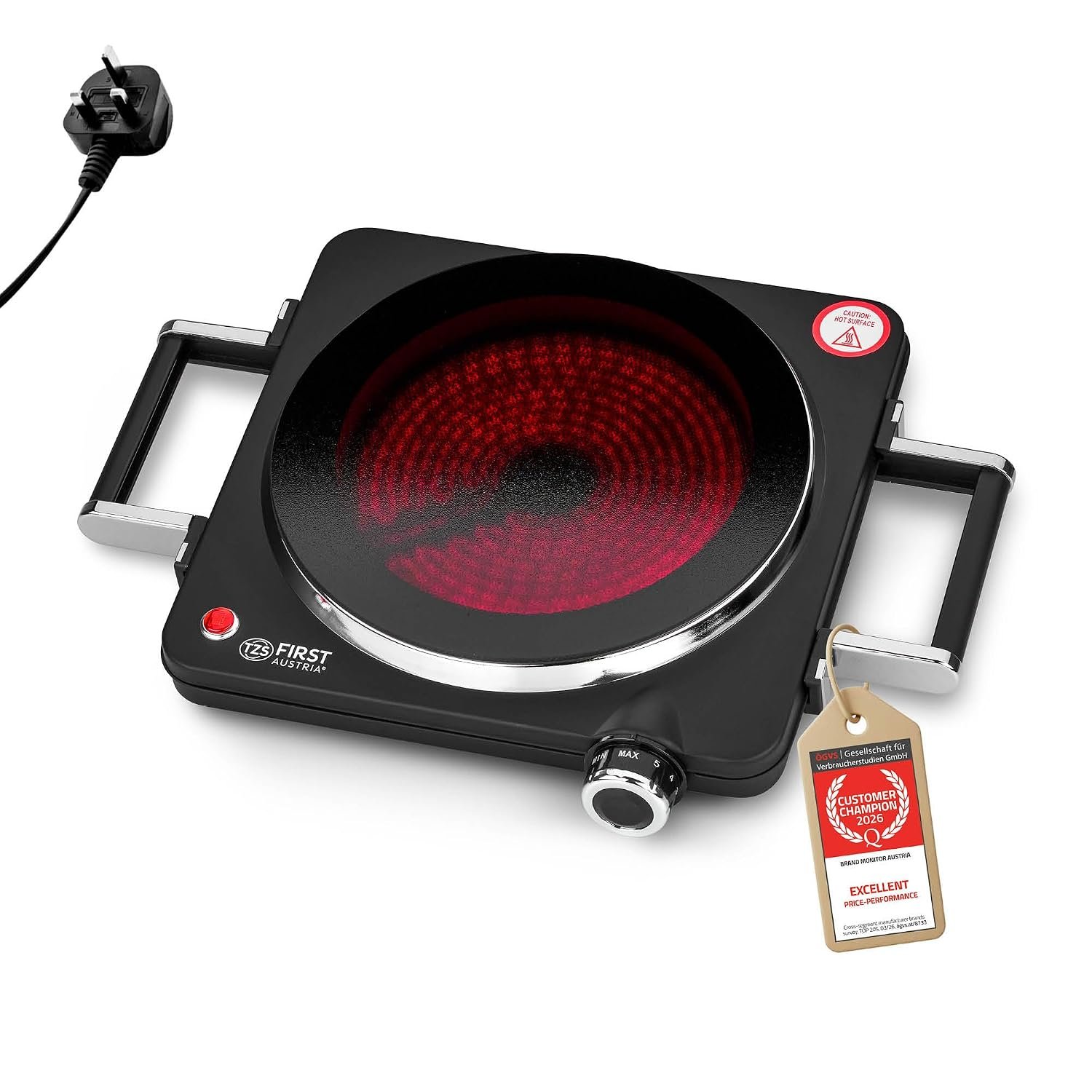 TZS First Austria - Infrared Hot Plate with handles Single Glass Ceramic Stove Plate ALL Pot Types 1500W - Portable Hob Electric Cooktop for Camping & Apartment - Stepless Adjustment & Indicator Light