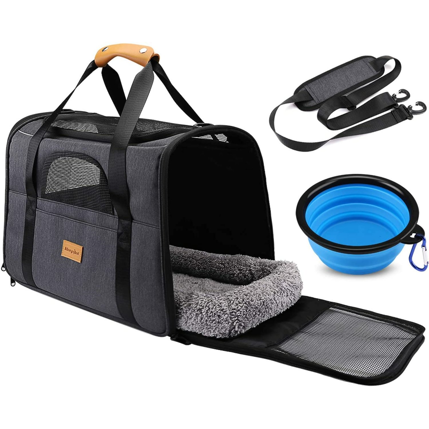 Morpilot Cat Carrier - Airline Approved, Top Opening Portable Dog Bag with Breathable Mesh/Removable Mat, Adjustable Shoulder Strap & Bowl, Foldable Travel Cage, M, Grey (Max 7kg)
