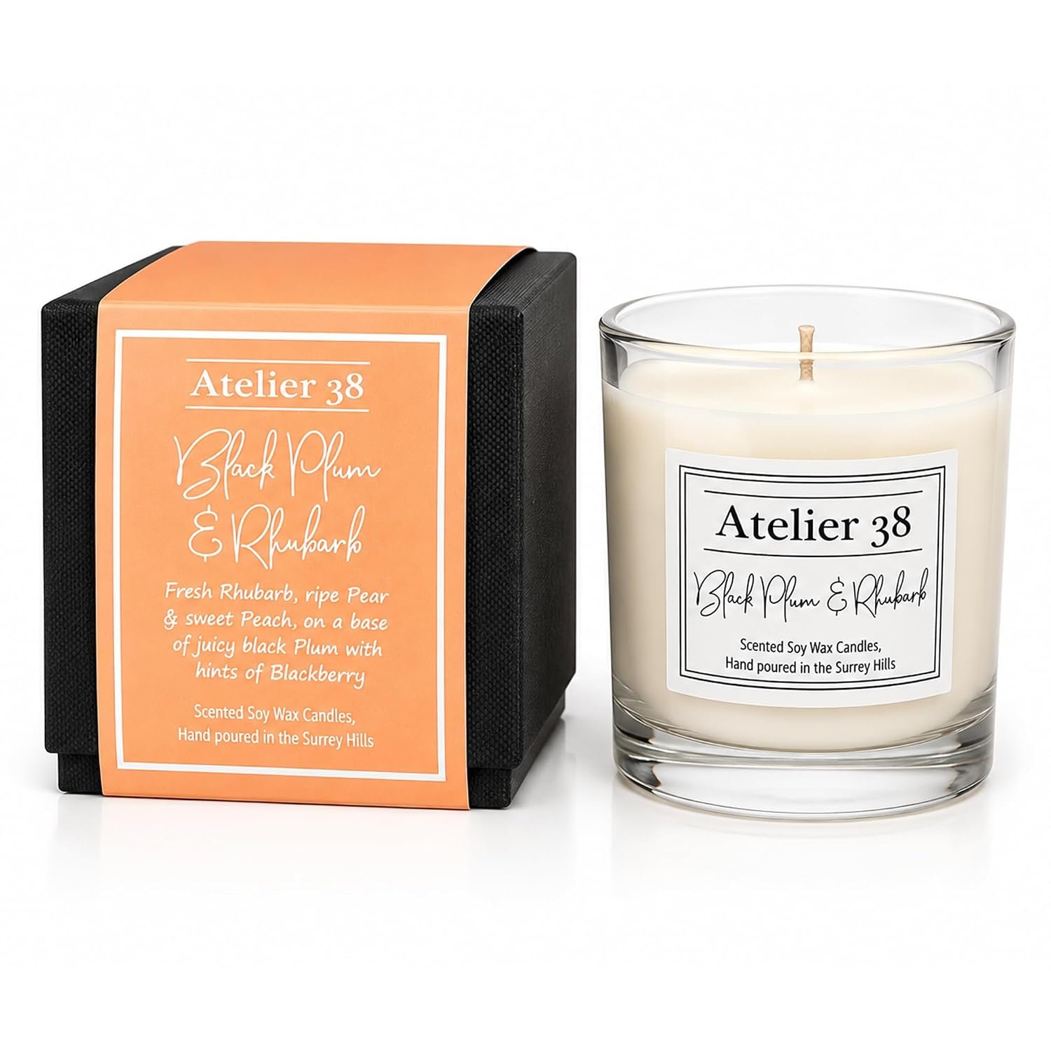Atelier 38 Black Plum & Rhubarb Scented Candle 210g - Luxury Soy Candle, Up to 50 Hour Burn Time, Candle Jar Home Fragrance, Long Burning Candle, Housewarming Gift, Made in Surrey Hills