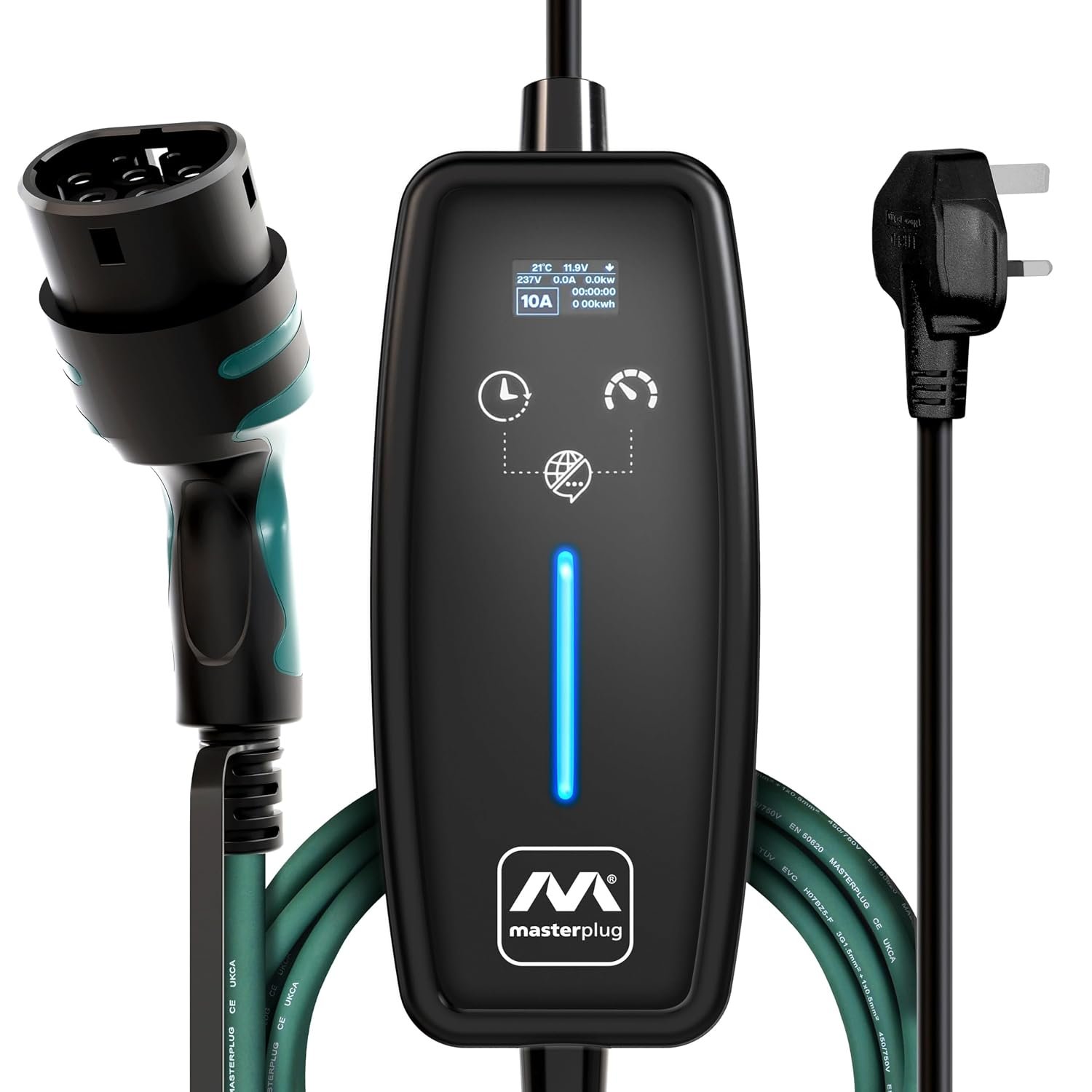 Masterplug EV Charging Cable for Electric and Hybrid Vehicles, 3 Metres, Mode 2, 3 Pin UK Plug to Type 2 Car Charger, 2.4kW, EVCM221003-MP