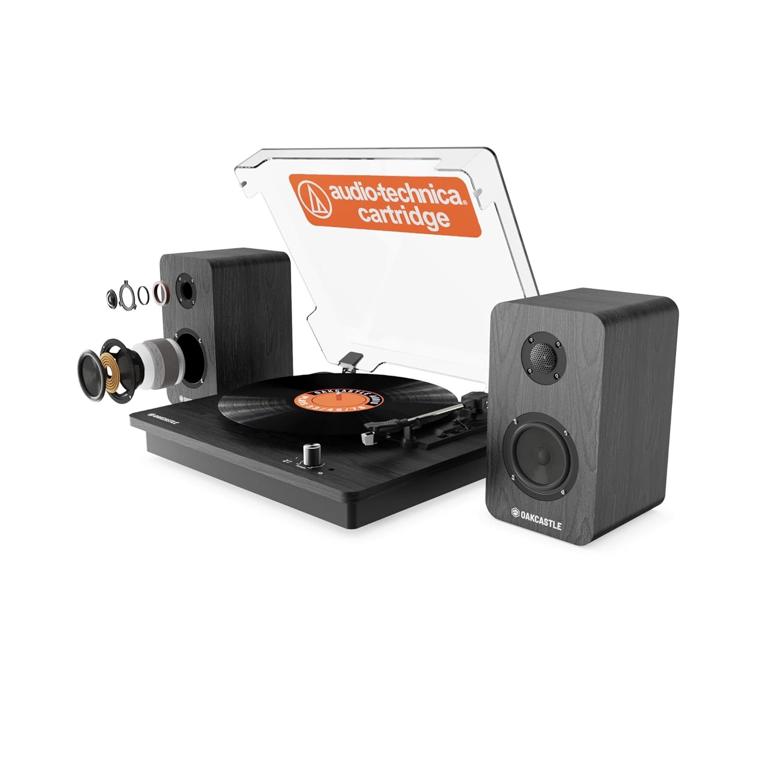 Vinyl Record Player with Speakers | Bluetooth Turntable with AUX & Headphone Jack | Vinyl Player with Speakers, Multi-Playback Options, 45RPM Adaptor and Audio Technica Cartridge | OAKCASTLE TT200