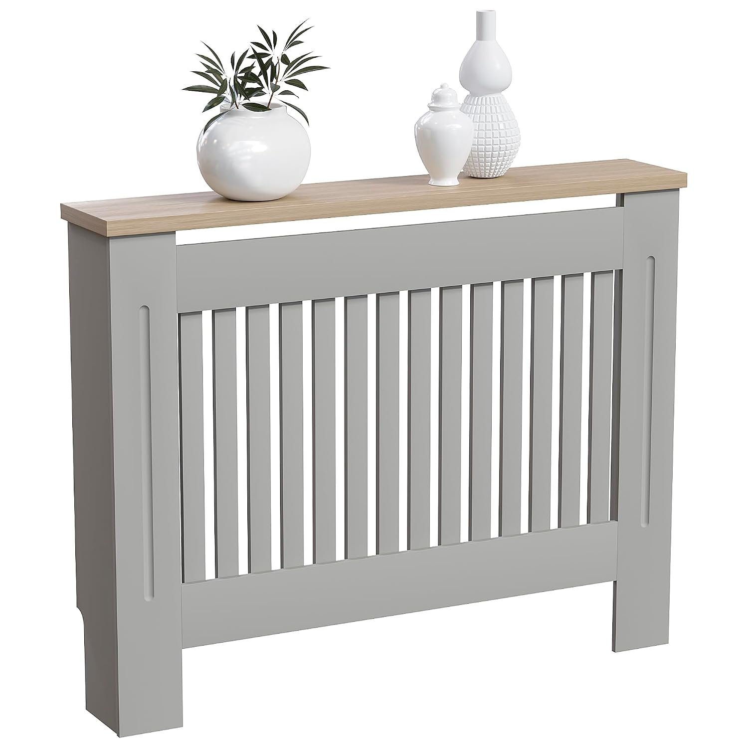 Vida Designs Arlington Radiator Cover Olive Grey - Medium - Modern Shaker Style Vertical Slat Design For Optimal Heat Circulation - H83.3xW111xD19cm - Painted MDF Cabinet with Wood Top Shelf