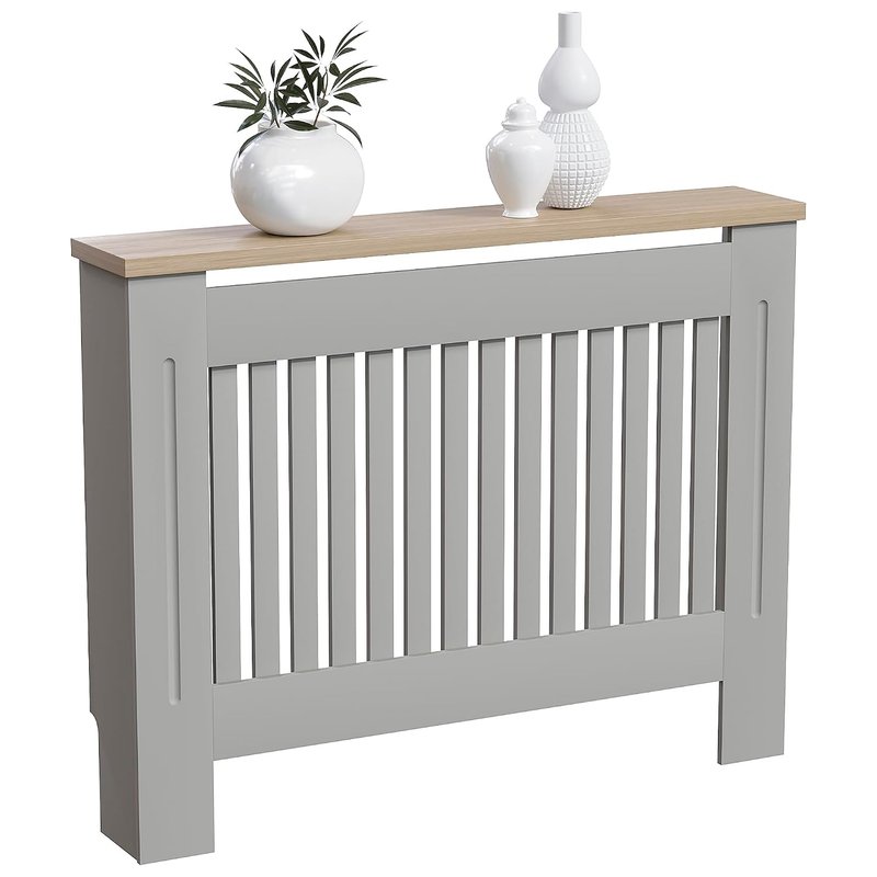 Vida Designs Arlington Radiator Cover Olive Grey - Medium - Modern Shaker Style Vertical Slat Design For Optimal Heat Circulation - H83.3xW111xD19cm - Painted MDF Cabinet with Wood Top Shelf