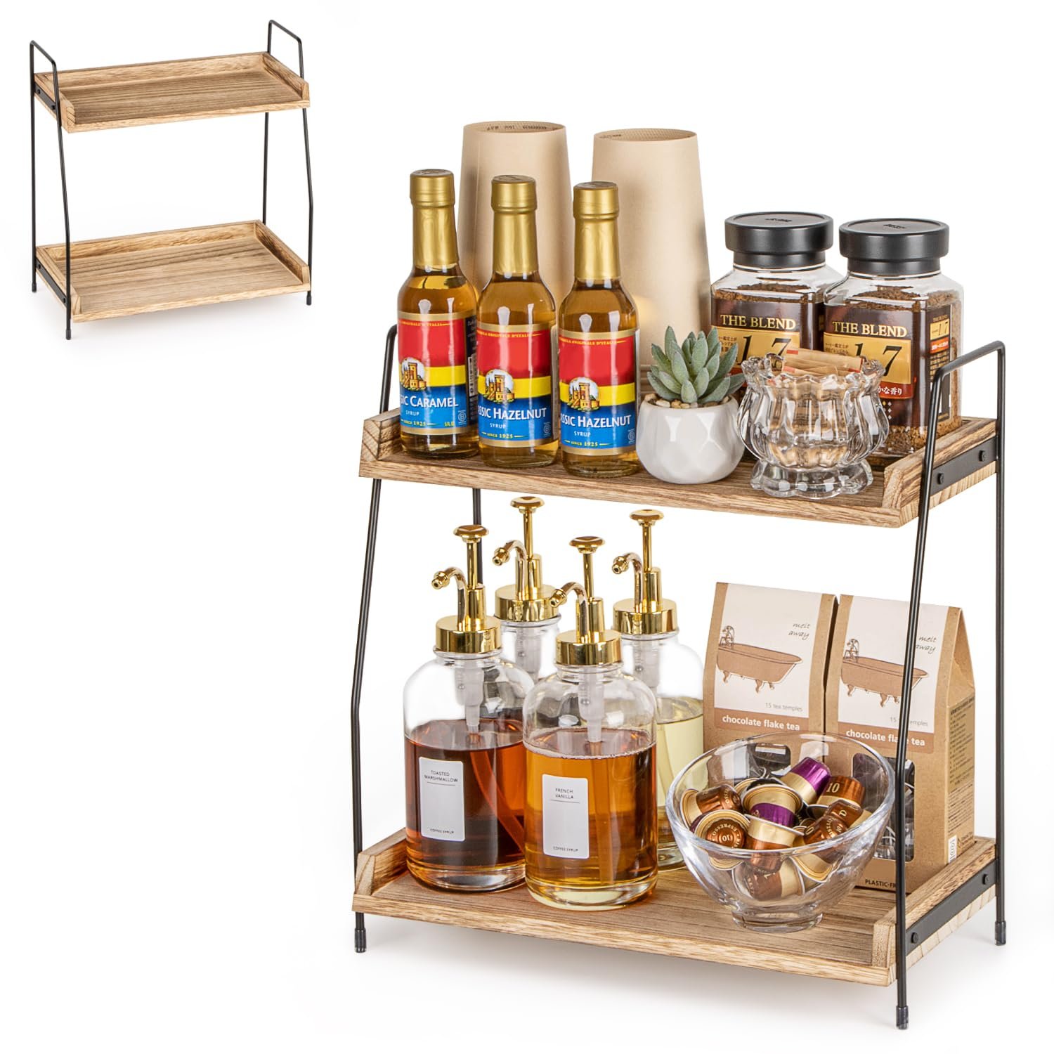 ANBOXIT Countertop Coffee Station Organizer, 2 Tier Wooden Shelf for Coffee Bar Accessories, Condiment Storage Caddy for Kitchen, Home, Office - Brown