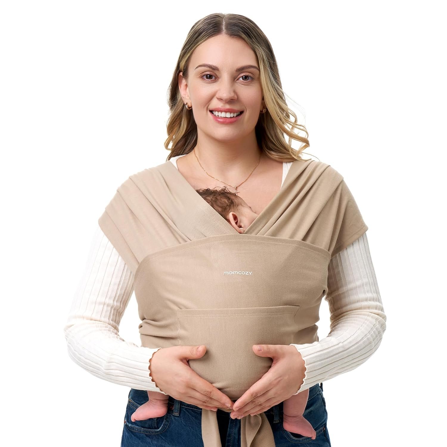 Momcozy Baby Wrap Carrier - Easy to Wear Infant Carrier Slings, Lightweight Hands Free Baby Sling, Adjustable Baby Carriers for Newborn to Toddler 3.6-15KG, Light Curry