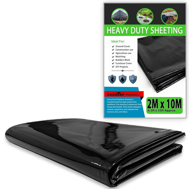 CHESTAF 2M X 10M Black Plastic Sheeting Heavy Duty, 1850G Thick Polythene Sheeting Garden Grow, Dust Sheet Waterproof Outdoor Cover, Large Construction Gardening Insulation, Building Rubble Protection