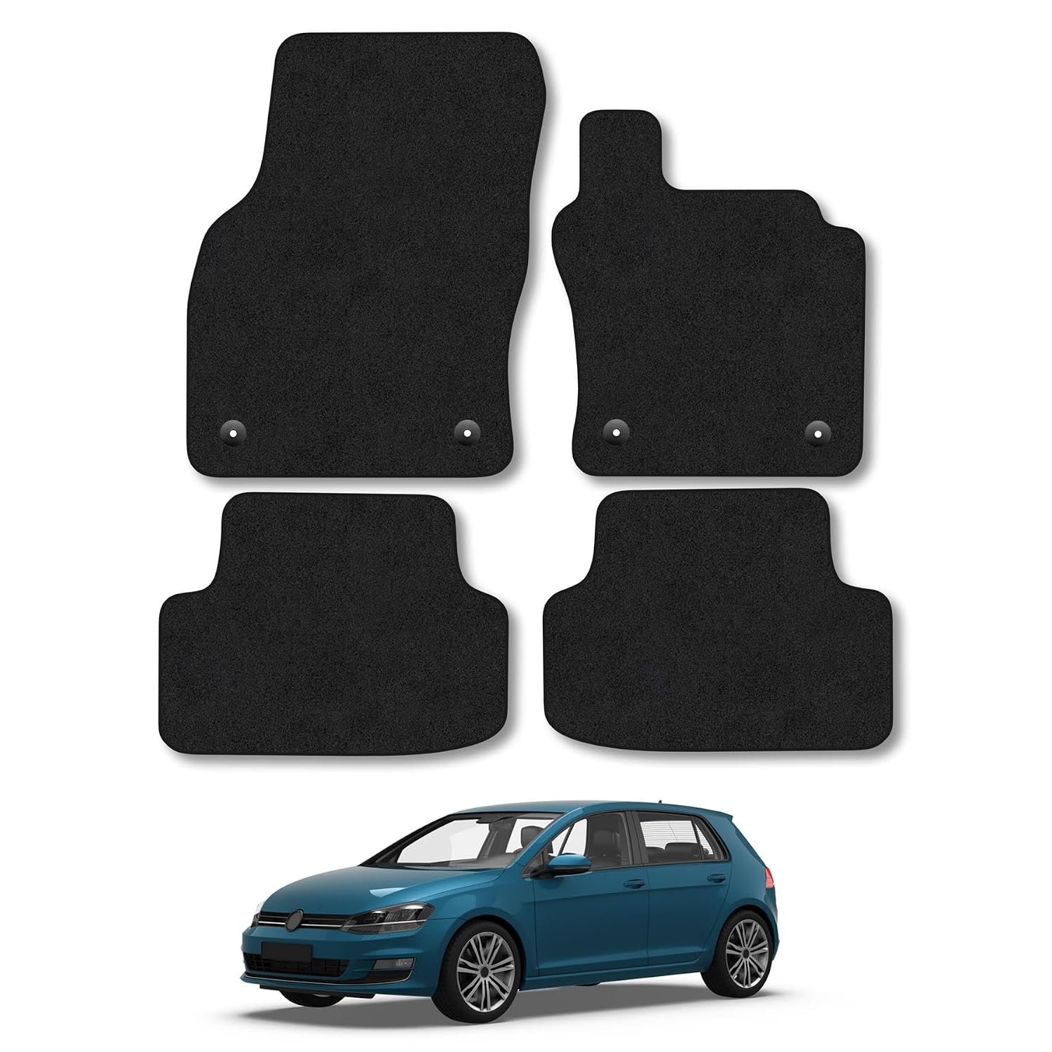 VW Golf MK7 (2012-2020) Car Mats Accessories Tailored Fit Carpet Floor Mats Non Slip Black Trim Full Coverage Compatible Accessory Front Rear Set Anti Slip Granulated Backing Hand-Finished Clips