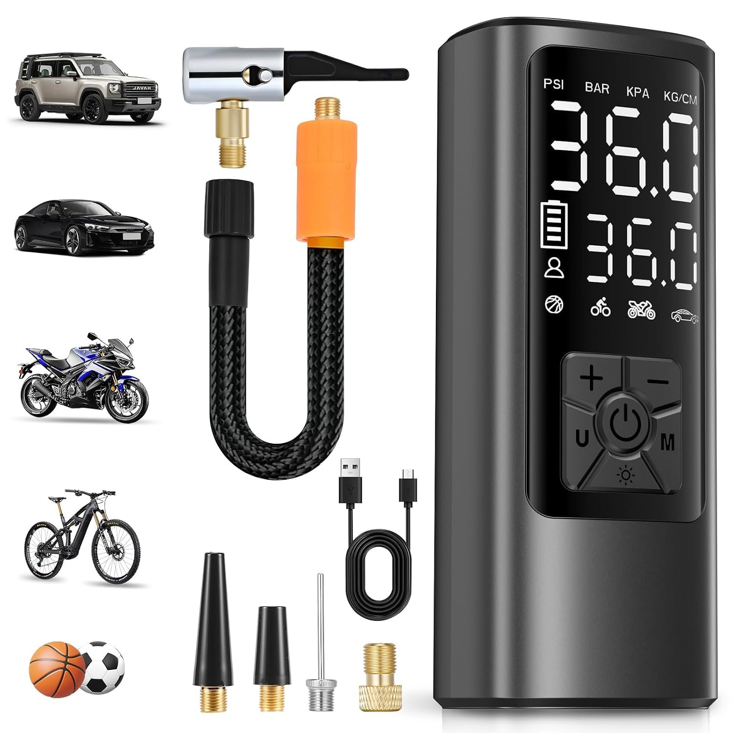 HOVVIDA Tyre Inflator Portable Air Compressor, Cordless Car Tyre Inflator 150 PSI (10.3 Bar), Fast Inflation, Auto Shut-Off, 5200 mAh, LED, Air Pump for Car, Motorcycle, Bike, Ball
