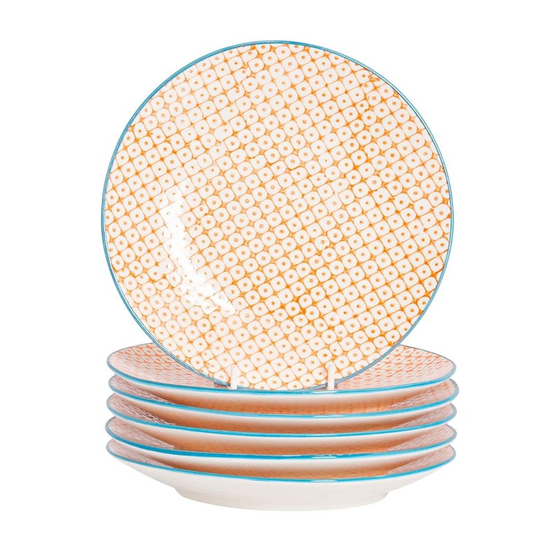 Nicola Spring Hand-Printed Side Plates - 18cm - Orange - Pack of 6 - Porcelain Decorative Patterned Dining Dish Plates for Snacks, Starters, Dinner, Dessert