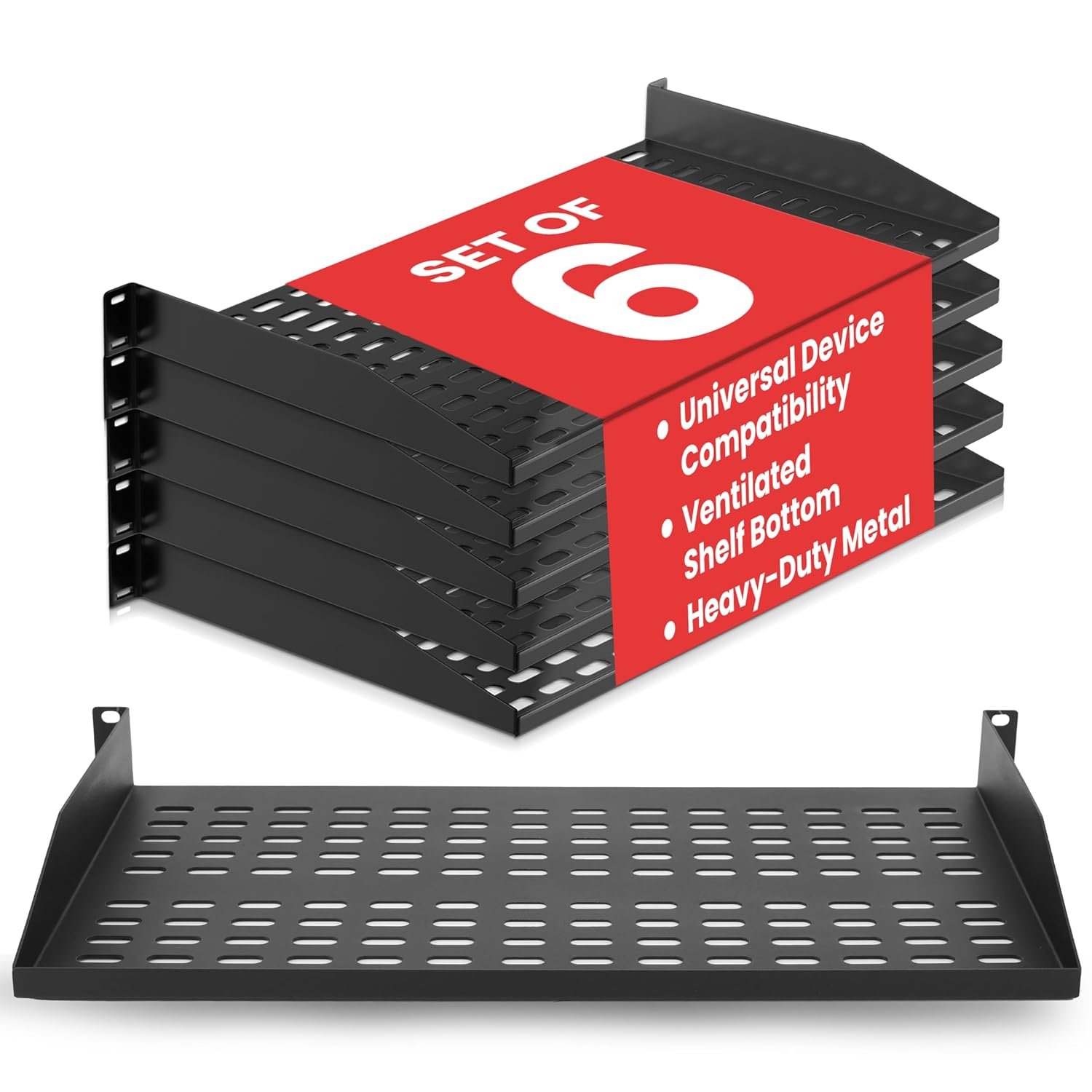 Pyle 1U Server Rack Shelf 19 inch– 6-Pack Vented Mount Shelves, 48cm, 50kg Capacity, Computer and Server racks, Fits AV, Computer, Network Cabinets
