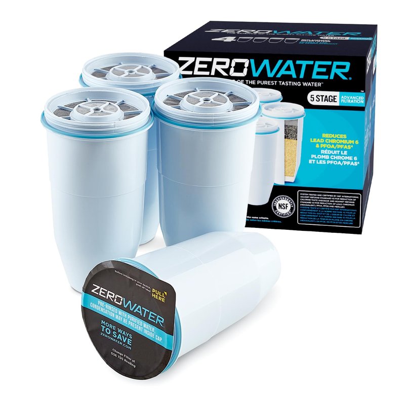 ZeroWater Official 5-Stage Water Filter for Replacement, NSF Certified to Reduce Lead, Other Heavy Metals and PFOA/PFOS, 4-Pack