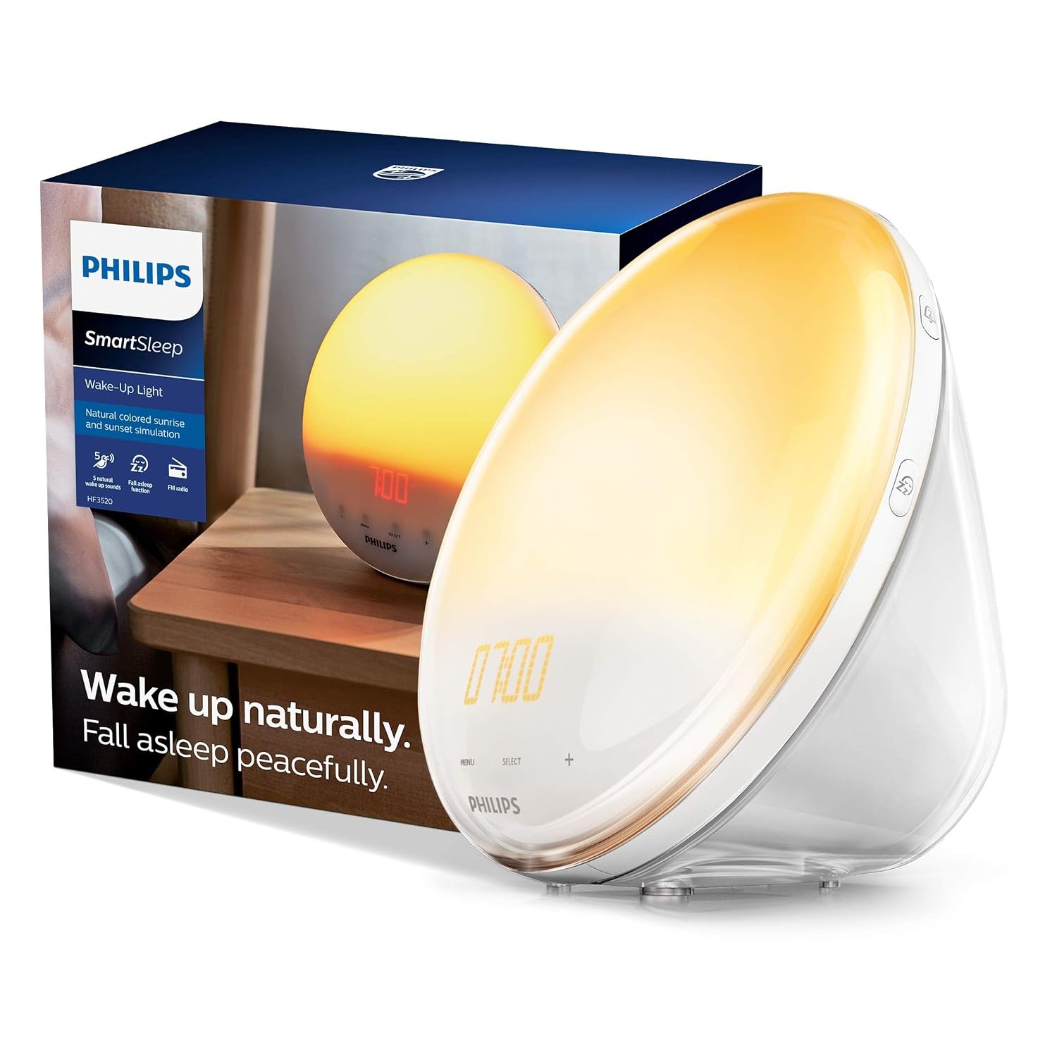 Philips SmartSleep Wake-up Light, Coloured Sunrise and Sunset Simulation, 7 Natural Sounds, FM Radio & Reading Lamp, Tap Snooze (Model HF3531/01)