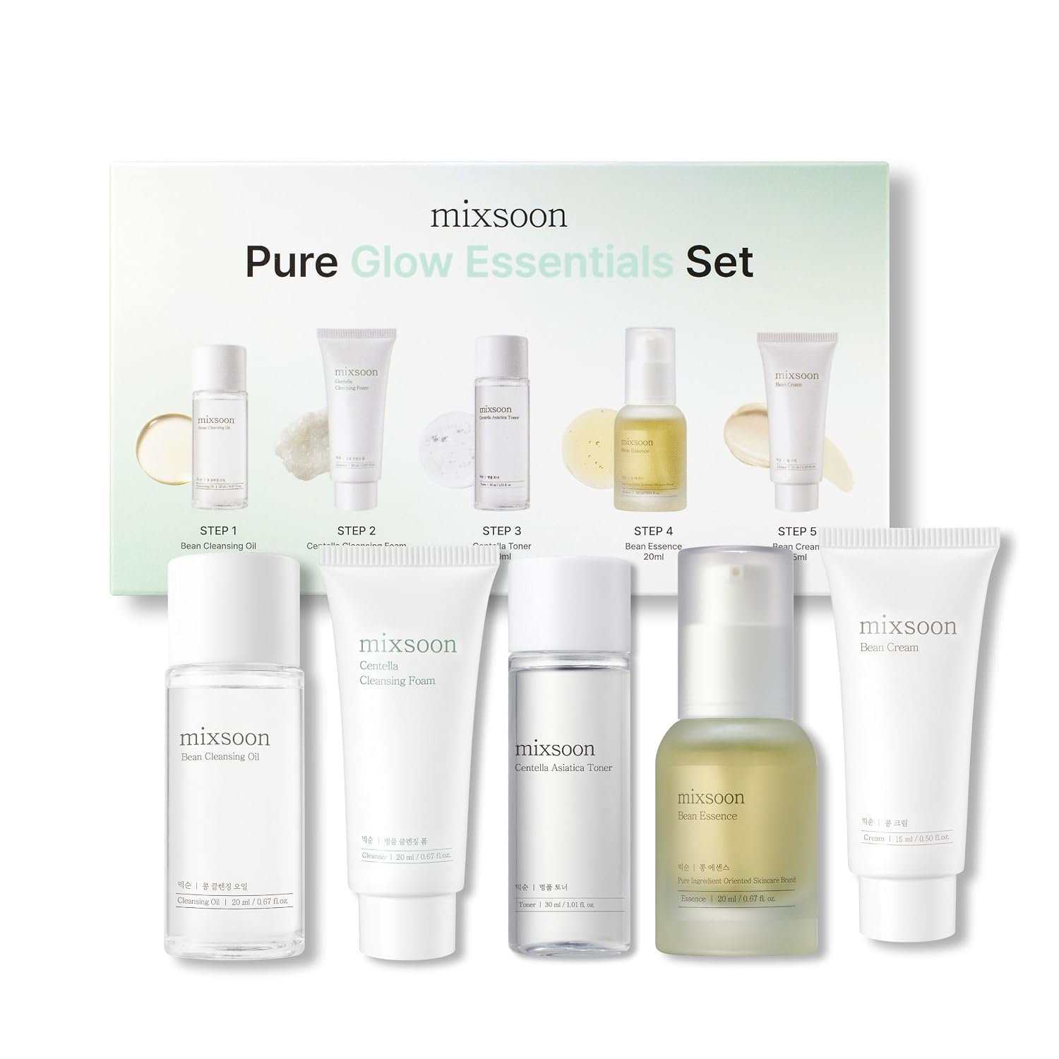 mixsoon Pure Glow Essentials Set - 5-Step Korean Glass Skin Routine for Sensitive Skin, Hydrating Skincare Kit with Centella & Fermented Soybean, Travel Kit, Miniauture Size 5 Items