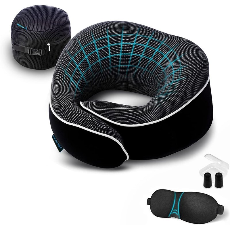 Proglobe Travel Pillow, Memory Foam Neck Pillow Set, Orthopedic Pillow, Travel Essentials for Flying, Kit with 3D Contoured Sleep Mask and Luxury Mesh Bag (Black)
