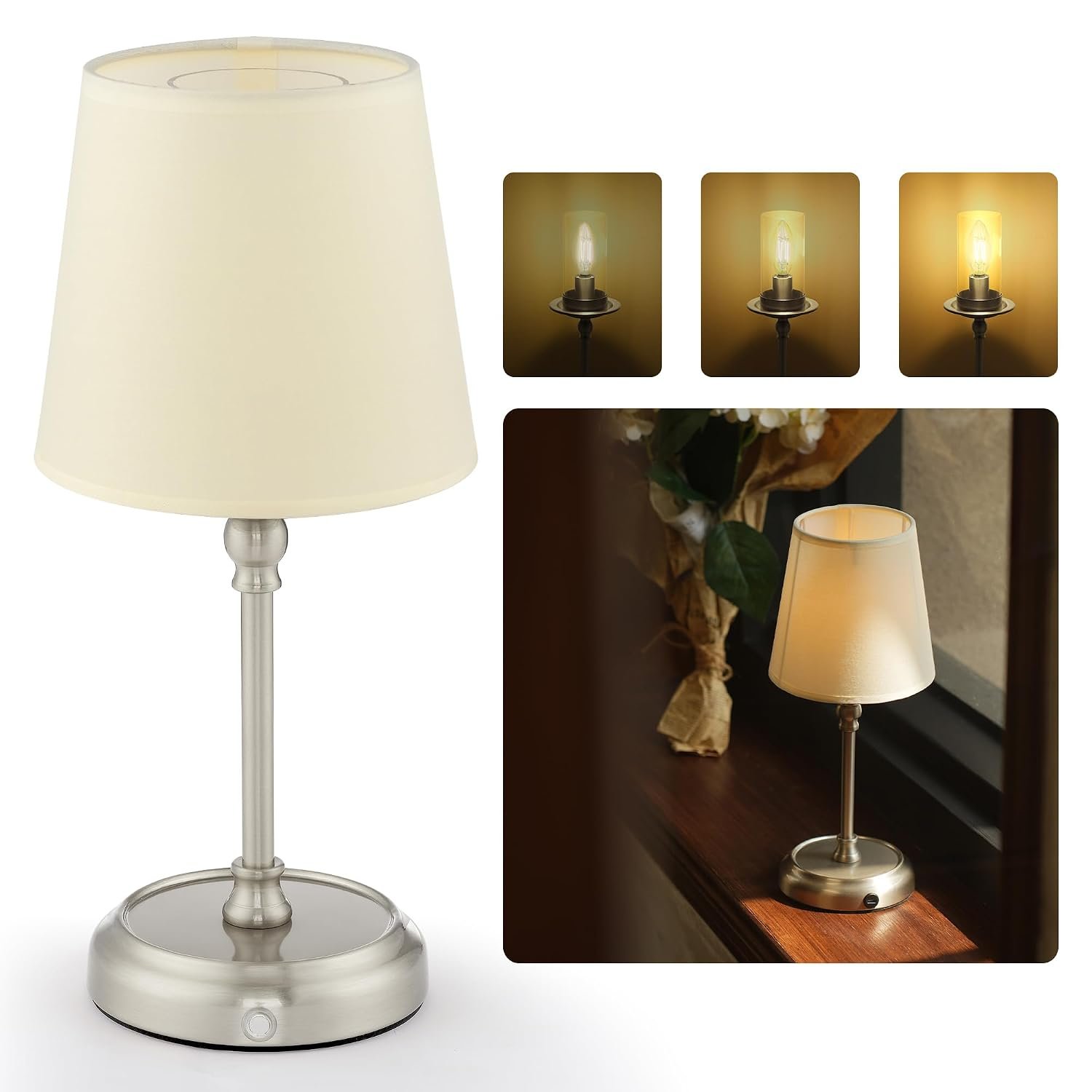LuminexDesigns Bedside Lamps, 5200 mAh Rechargeable Cordless Table Lamps for Living Room with Bulb Included, Dimmable, Touch Control, 3-in-1 Shade, for Bedroom, Dining,Home Décor -Sliver