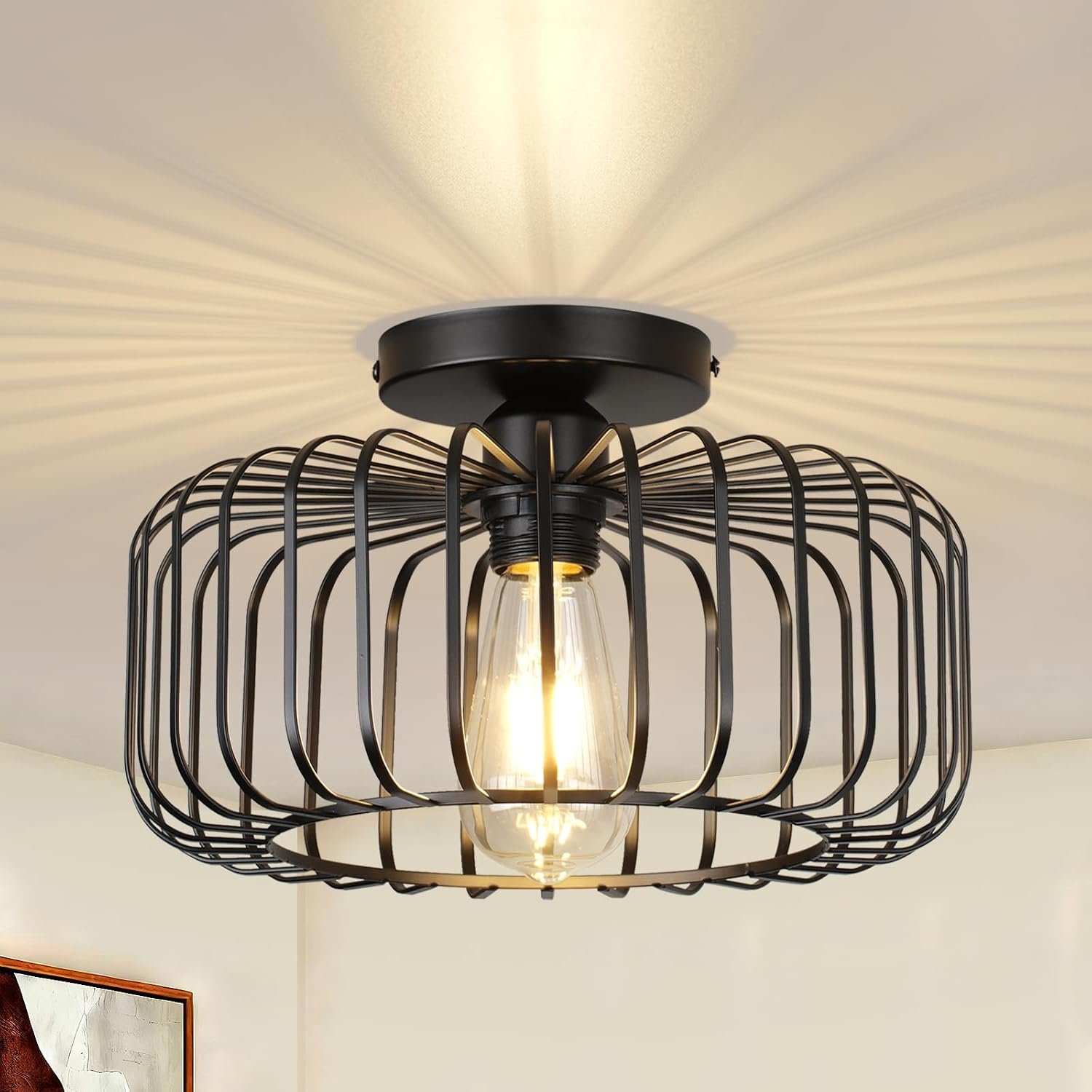 CALOKES Black Flush Ceiling Light Fixture, Modern Metal Cage Semi Flush Mount Lighting for Indoor Room, Bedroom, Kitchen, Living, Dining, Hallway – E27 Base, No Bulb Included