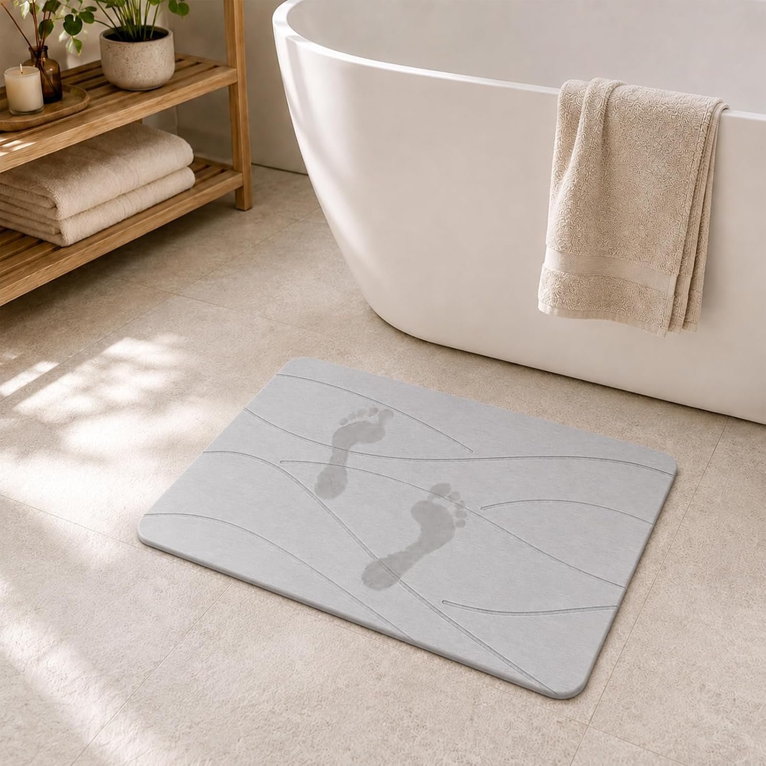 Stone Bath Mat 60x39 cm Natural Diatomite Quick Dry Bath Mat, Super Absorbent & Non-Slip Bathroom Mat, Foldable Space-Saving Design for Shower, Sink (light grey)