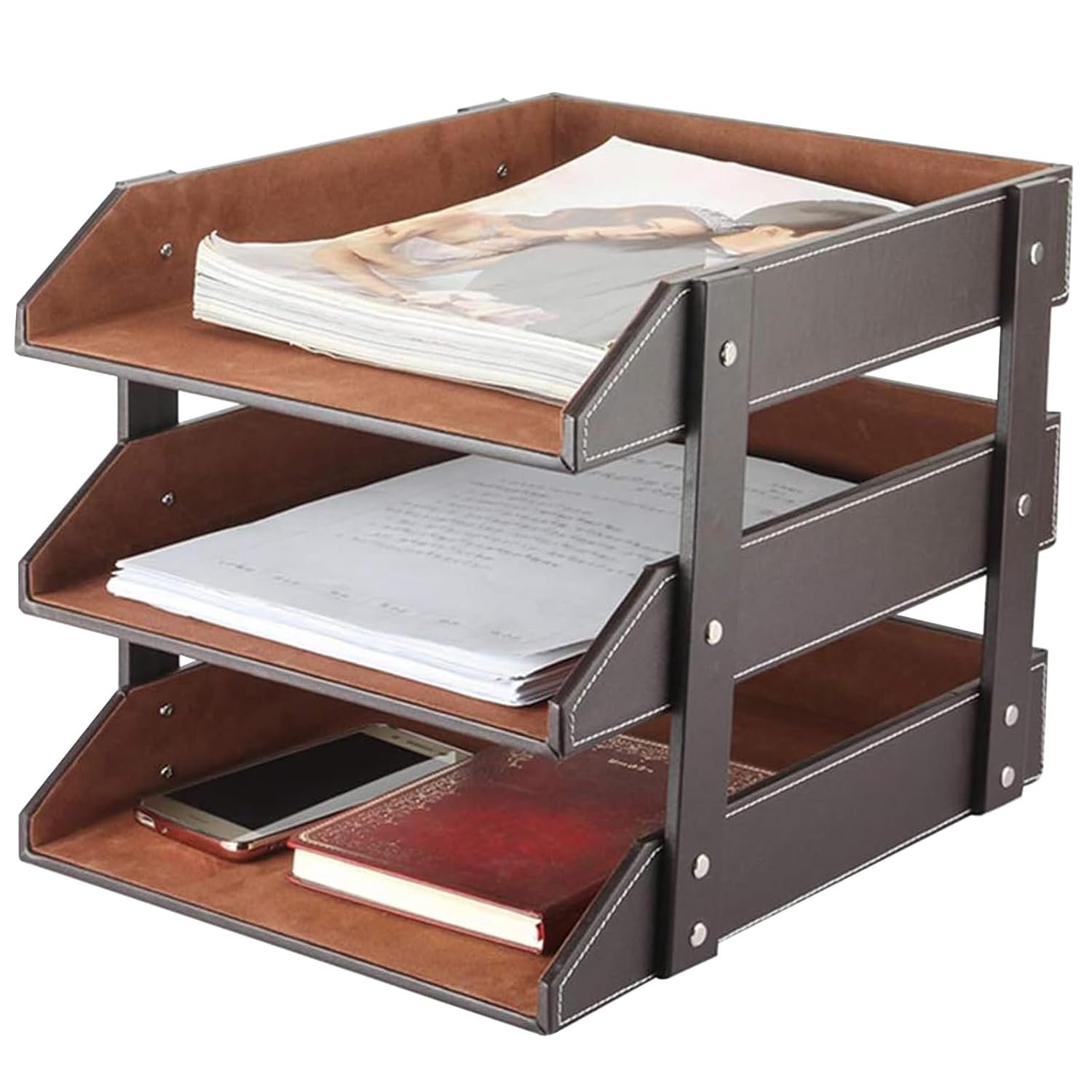 XNONE Leather Letter Tray,Stackable Desk Tray Organizer,Office Supplies Trays Holder for Document,Stationery,Magazines,Newspapers,Letters Perfect Office Organization for Desktop (Brown,3 Tier)