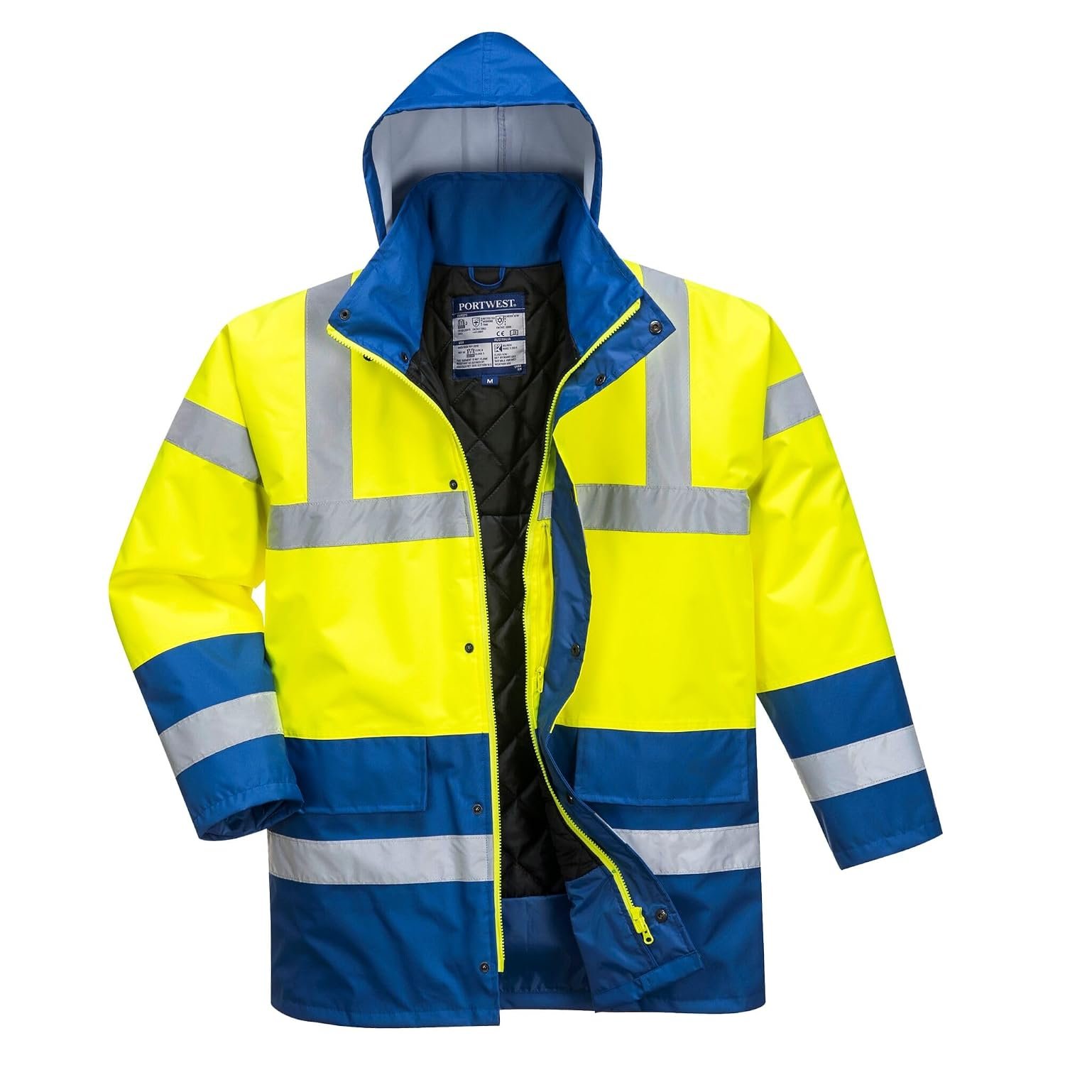 Portwest S466 Hi-Vis Contrast Winter Traffic Jacket Mens Waterproof Reflective Safety Workwear Cold Weather Protection 300D Industry High Visibility, Yellow/Royal, XL