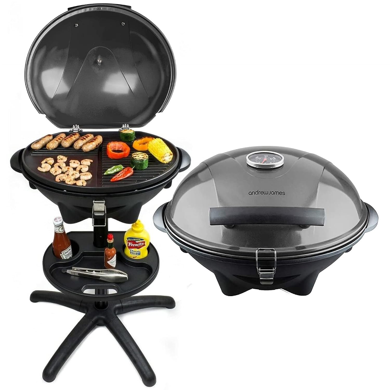 Andrew James BBQ Electric Barbecue Grill with 5 Temperature Settings Black | BBQ for Indoor & Outdoor Party | Removable Drip Tray & Condiment Stand | Healthy Grilling | Non-Stick Cooking Surface
