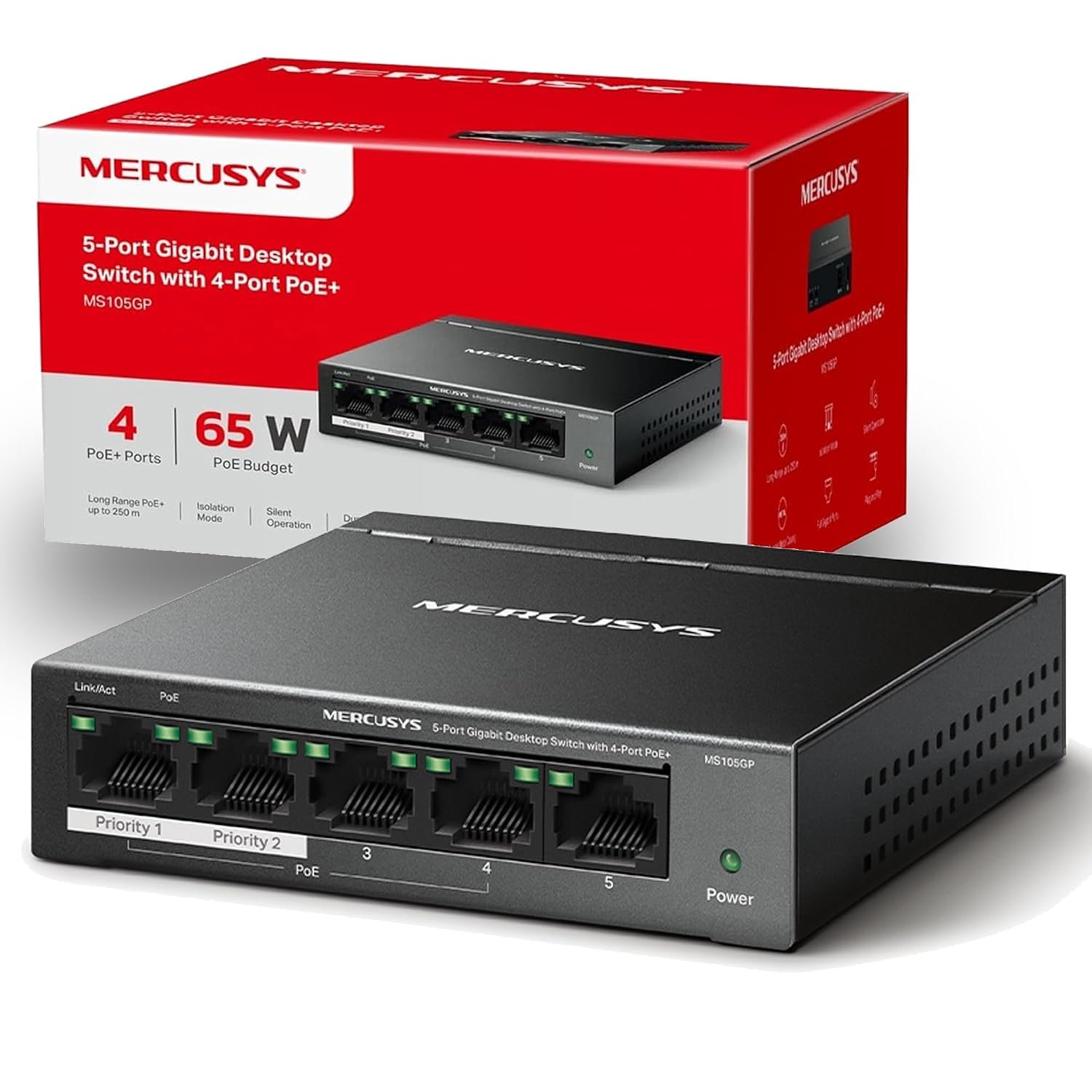 MERCUSYS MS105GP 5 Port Gigabit PoE+ Switch, 802.3af/at 30W, 65W Total Budget, Metal Case, 250m PoE Transmission, Desktop/Wall Mount, Silent Operation, Isolation Mode, Plug & Play