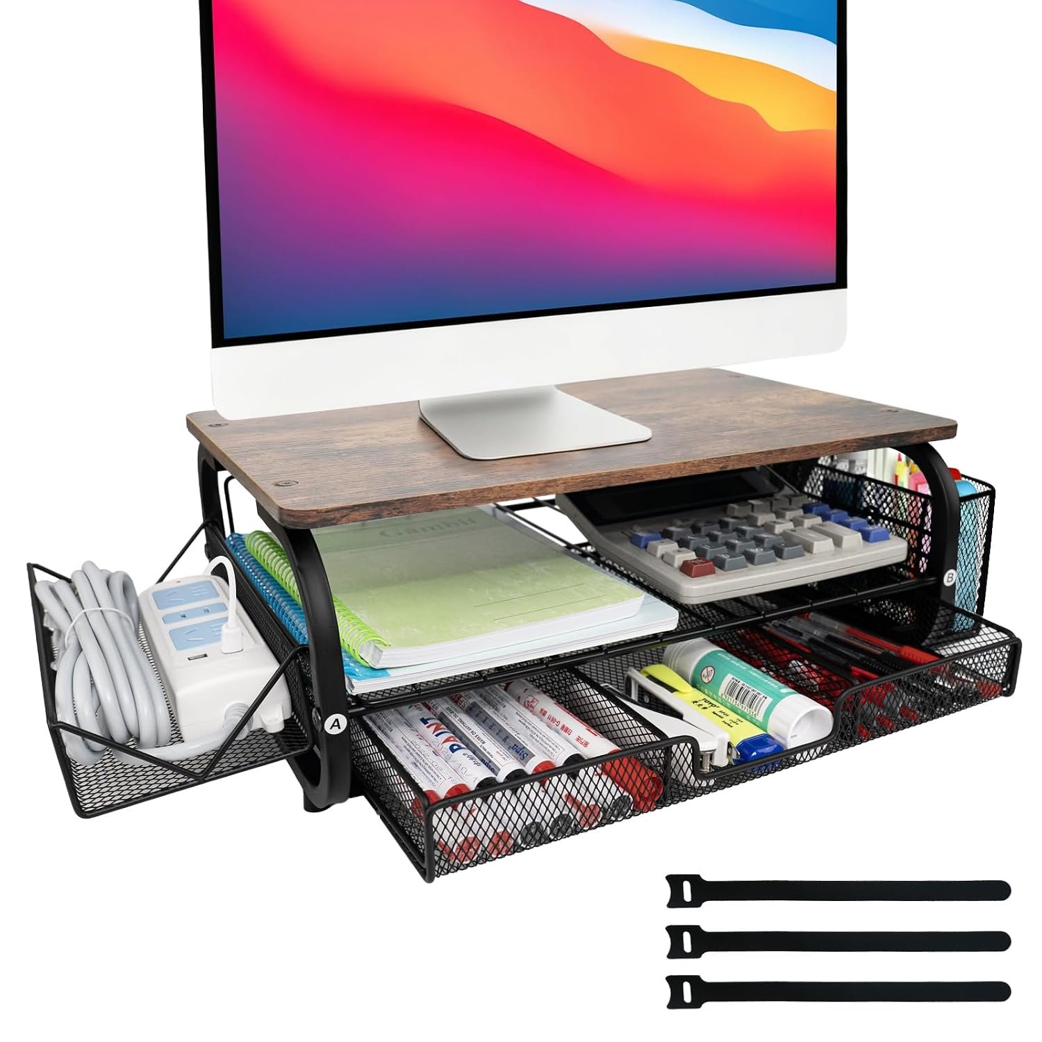 Monitor Riser Stand with Storage, Desk Organiser Stand & Metal Mesh with Cable Ties, Ergonomic 2-Tier Shelf for Monitor, Printer, Plants and Home Office, Walnut Brown
