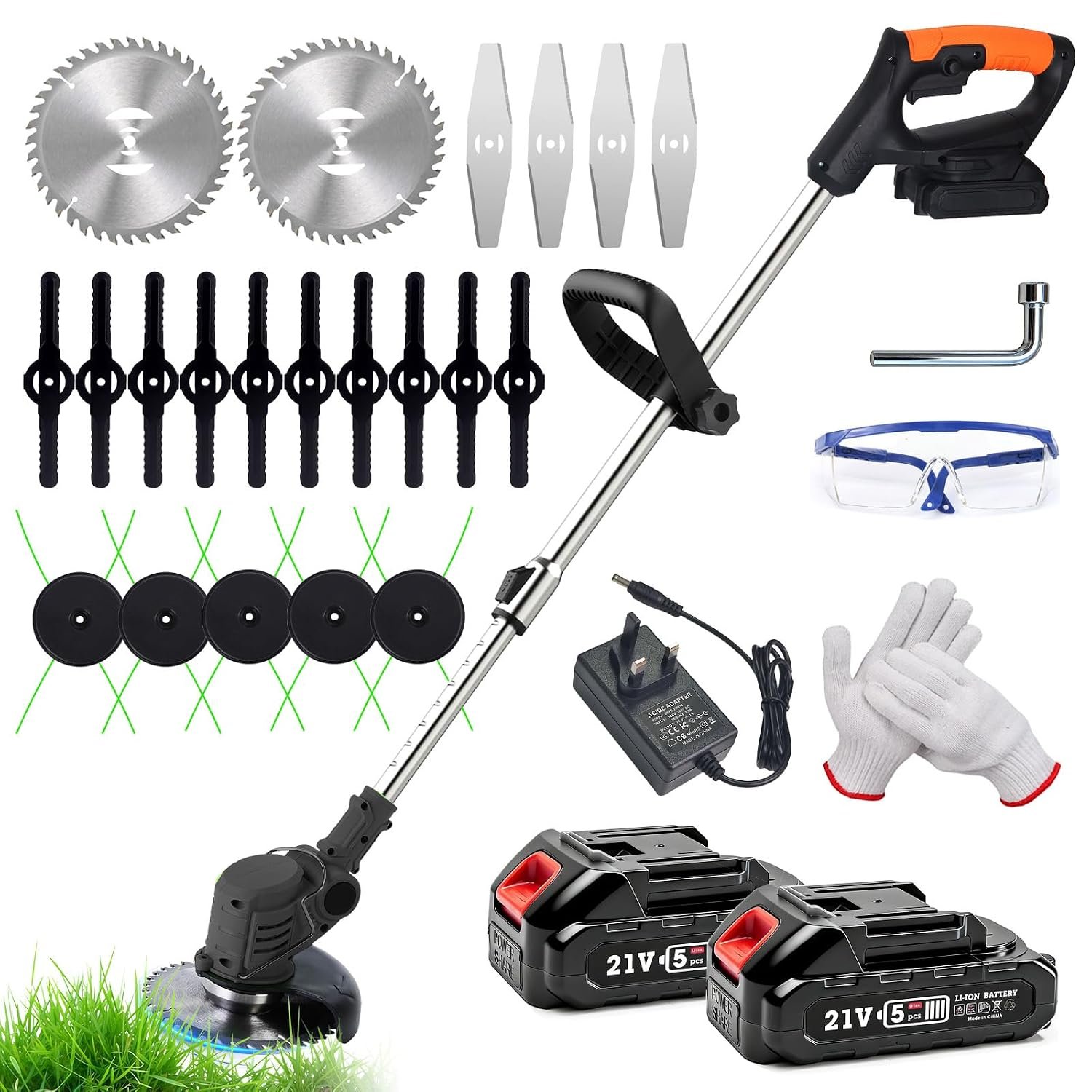 Myeljnergy Strimmer Cordless Grass Trimmer with Battery and Charger 21V MAX Cordless Strimmer with 4 Types Blades Lightweight Garden Strimmer Just 1.3kg for Small Medium Garden Lawns
