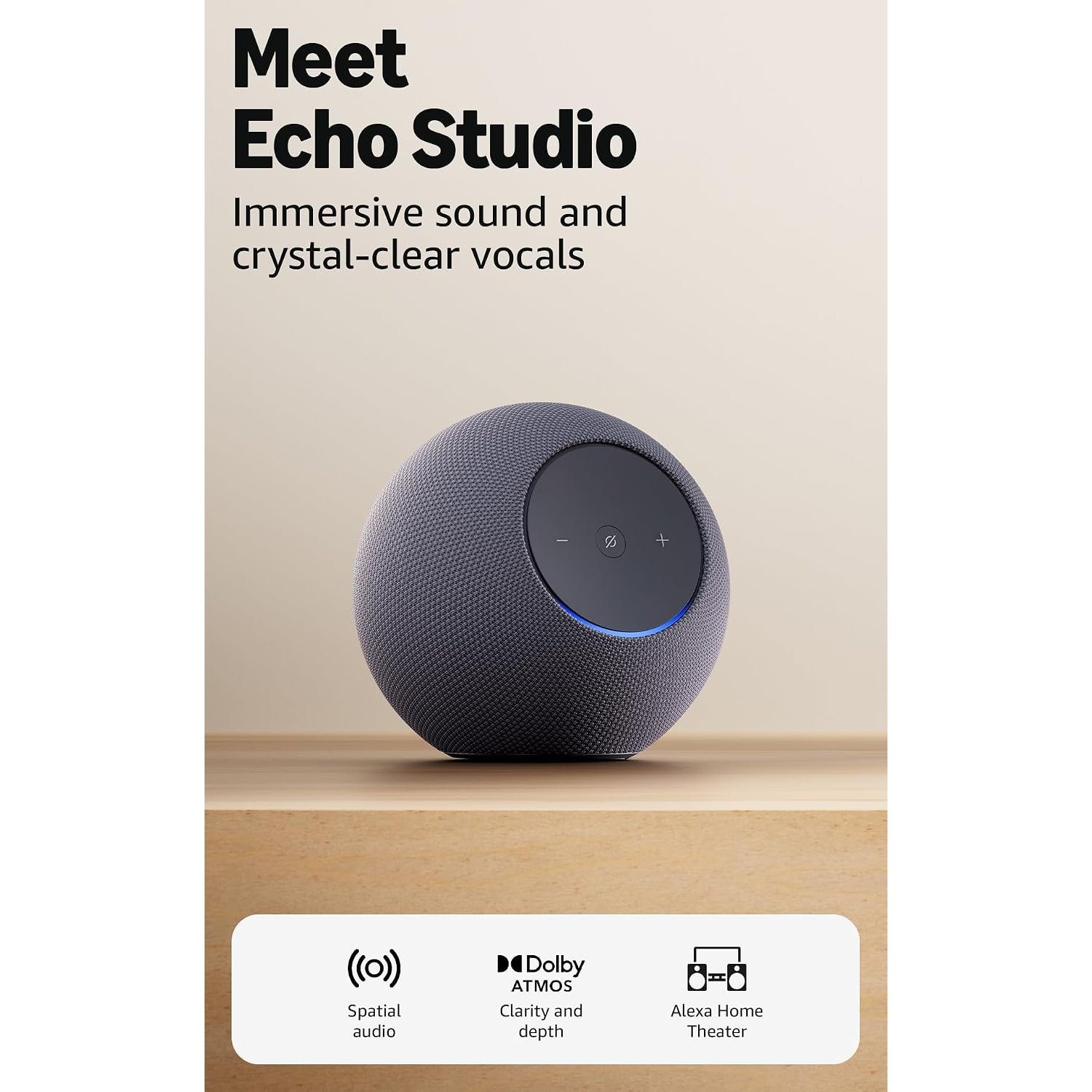 Amazon Echo Studio (newest gen), compact design, immersive spatial audio and Dolby Atmos, Graphite, with Alexa+ Early Access