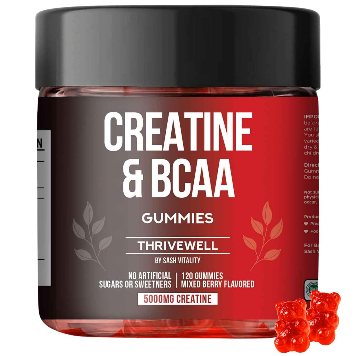 Creatine Monohydrate Gummies 5000mg with 1000mg BCAAs | 45 Days Supply | Naturally Sweetened | No Artifical Sugars | Premium Vegan Gummies | Mixed Berry Flavour | 120 Gummies