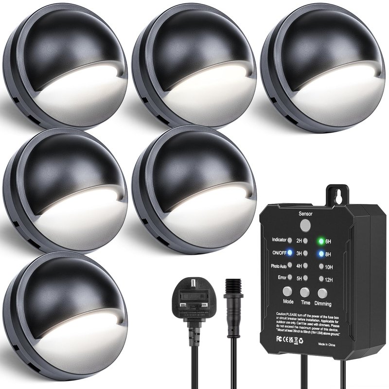 HIBOITEC Dimmable Low Voltage Garden Lights, Dusk to Dawn Sensor& Timmer, IP67 Waterproof Decking Lights, Cool White Deck Lighting Mains Powered for Wooden Fences Stair Step(6 Pack)