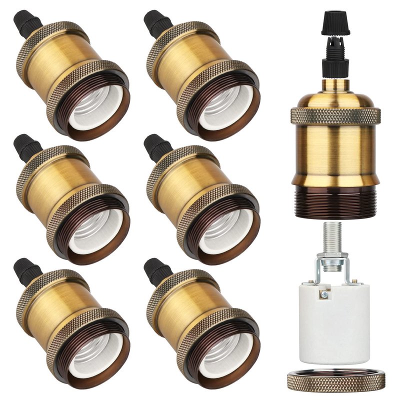 Zevnico E27 Lamp Holder, 6 Pcs E27 Bulb Holder, Brass Vintage Socket Light Bulb Holder, Ceramic Rated 4A 250V, for DIY Pendant Lamp Ceiling Hanging Light Retro Style Edison Screw Bulb Holder Adaptor