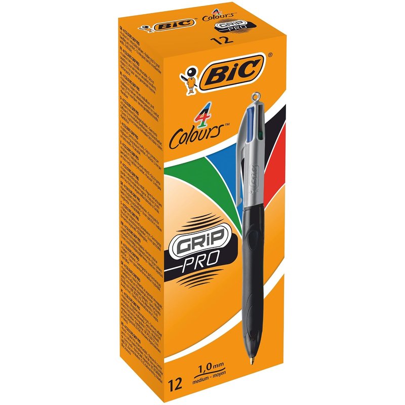 BIC 4 Colours Grip Pro Retractable Medium Point (1.0 mm) Ballpoint Pens, 12 Pens And Each Pen Contains 4 Colours