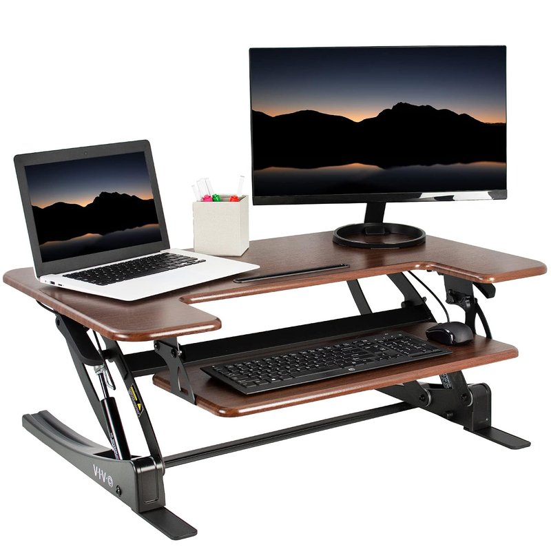 VIVO Height Adjustable 36 inch Stand Up Desk Converter, Quick Sit to Stand Tabletop Dual Monitor Riser Workstation, Dark Wood, DESK-V000VD…