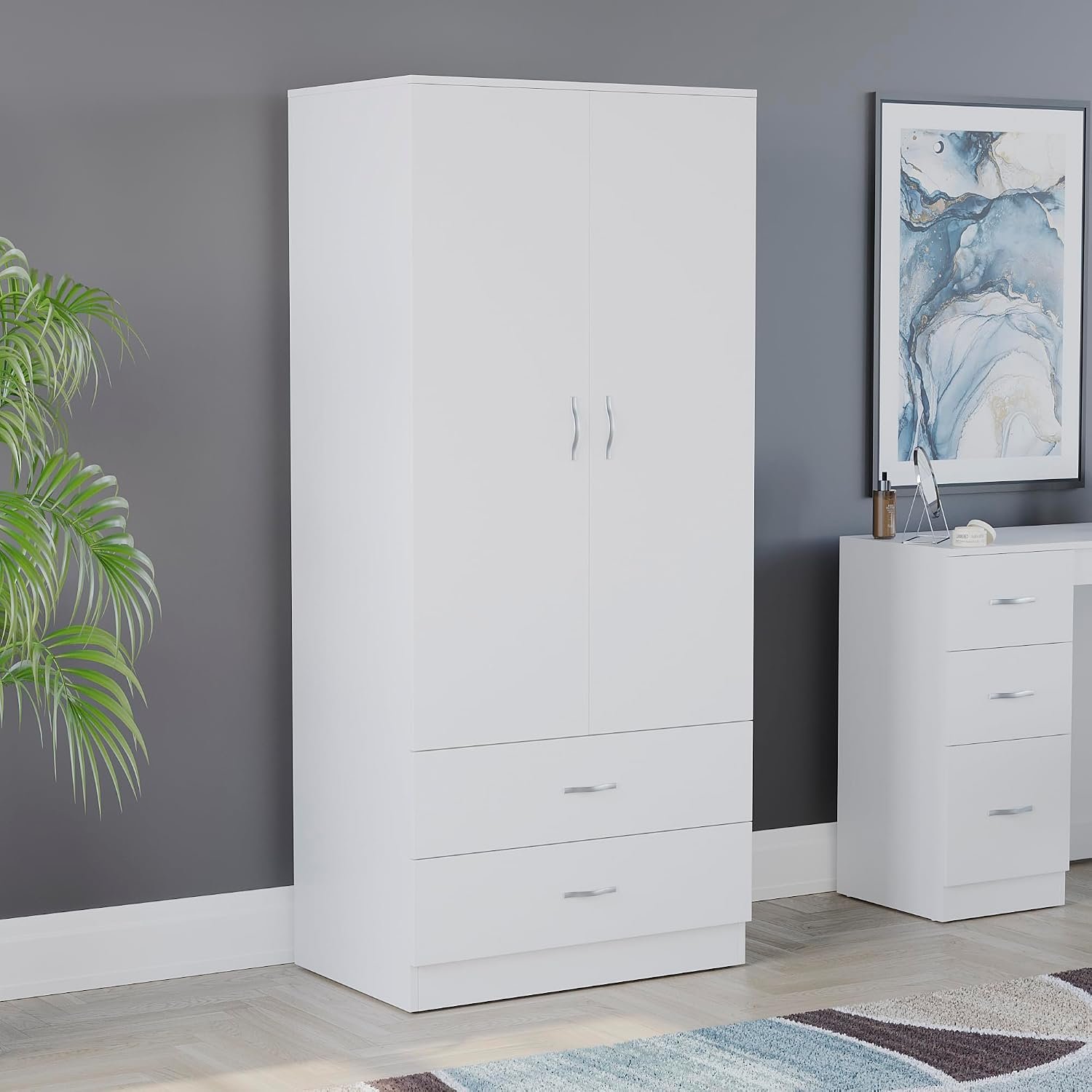 Vida Designs Riano 2 Door & 2 Drawer Wardrobe | White | Bedroom Furniture | 170H x 76W x 53D cm | with Shelf & Hanging Rail | Large Capacity Storage