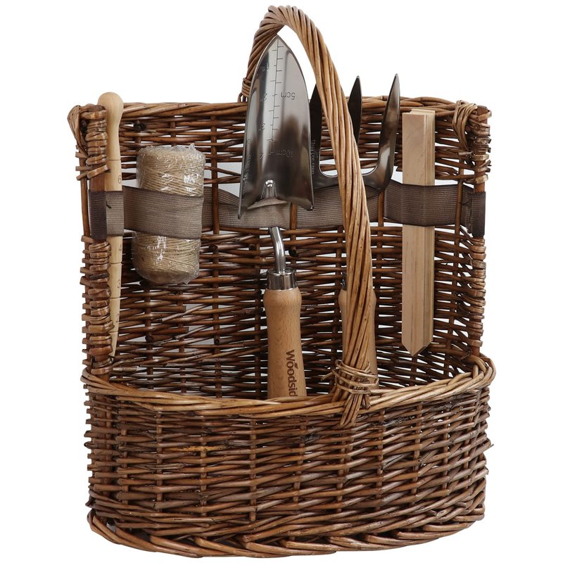 Woodside Willow Tool Basket/Bucket/Trug with Garden Hand Tools, Shovel Fork Dibber Twine & Plant Labels