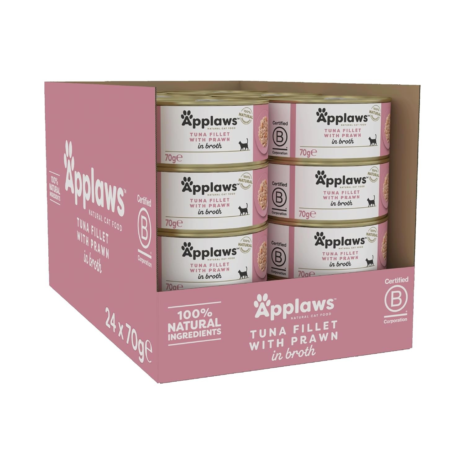 Applaws 100% Natural Wet Cat Food Tins, Tuna Fillet with Prawn in Broth 70 g for Adult Cats (24 x 70 g Tins)