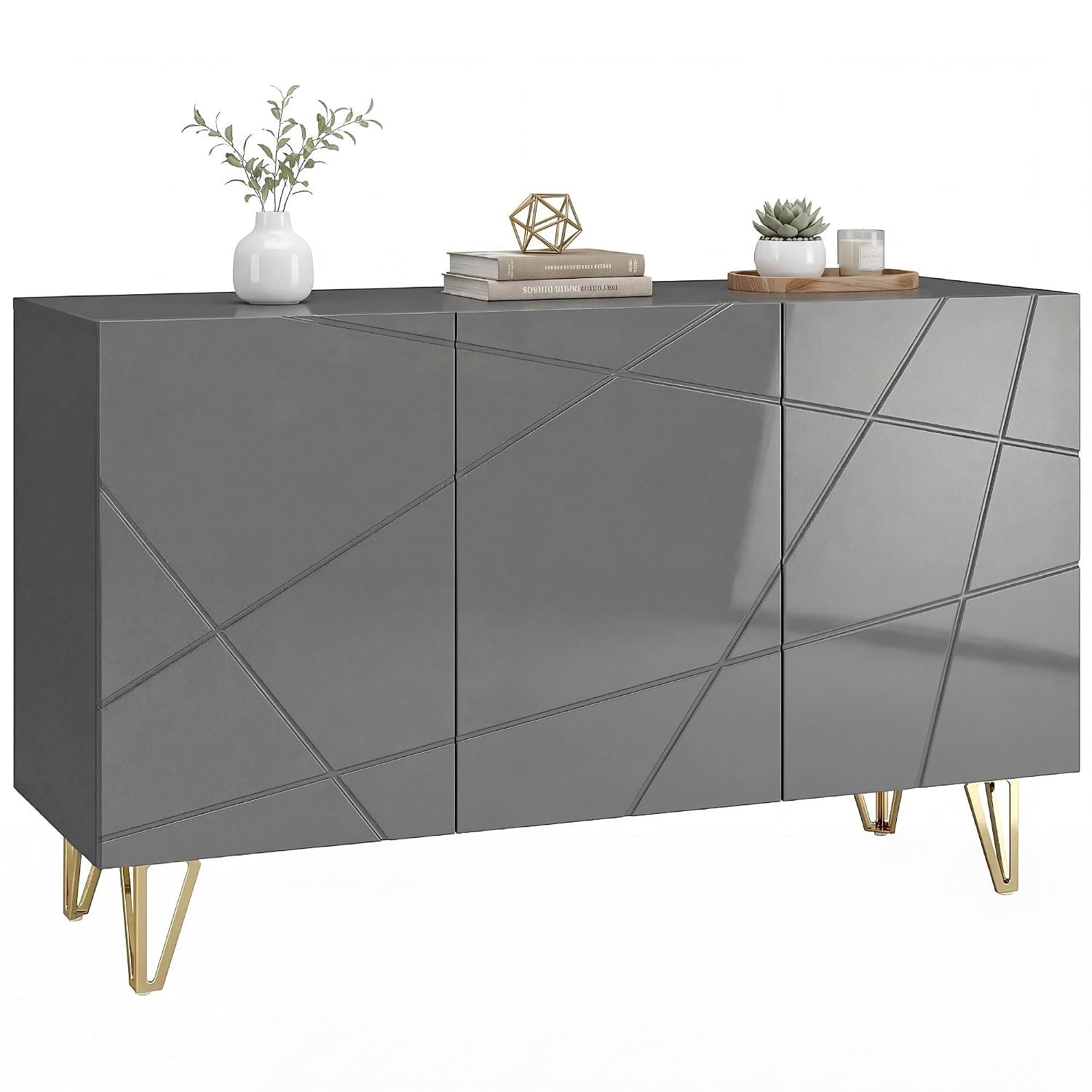 HOMCOM Storage Cabinet with High Gloss, Freestanding Sideboard with Adjustable Shelves, Soft-Close Doors and Gold Tone Hairpin Legs for Living Room, Dining Room, Hallway, Grey