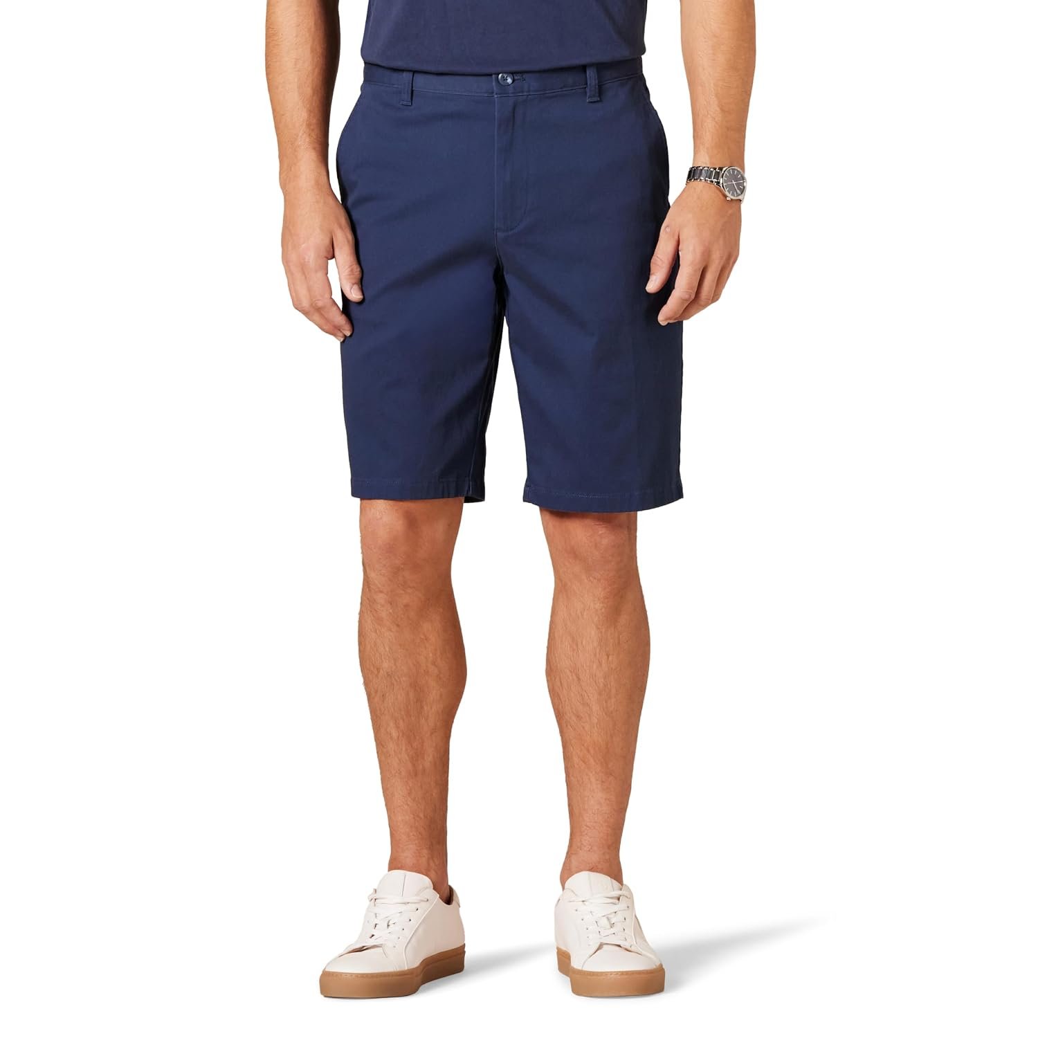 Amazon Essentials Men's Slim-Fit 11" (28cm) Flat-Front Comfort Stretch Chino Shorts, Navy, 33W