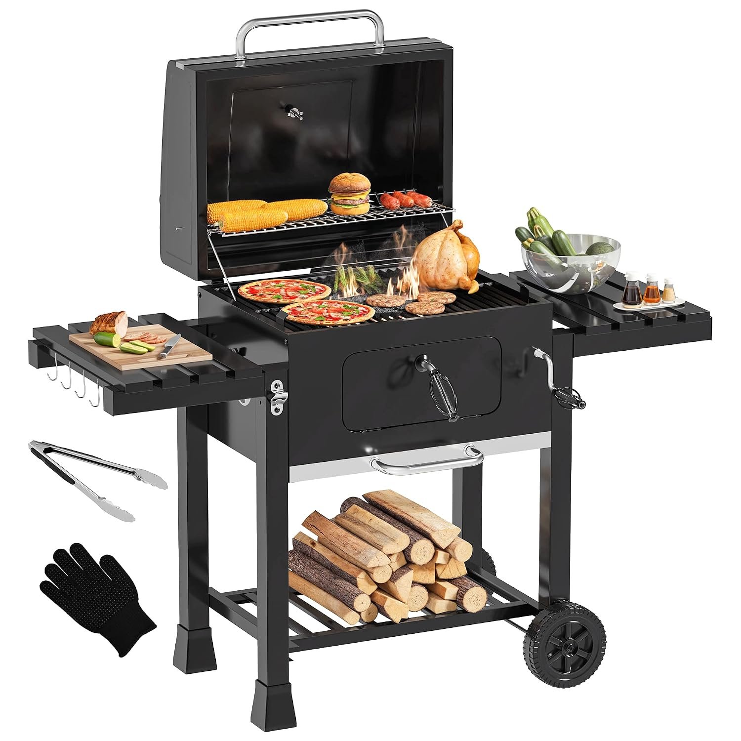 YITAHOME XXL Heavy-Duty Charcoal BBQ Grill Smoker with Cast Iron Cooking Grate & Adjustable Enamel Coal Tray - Portable Barbecue for Garden, Camping, Outdoor Parties (Heatproof Gloves & Grill Tongs)
