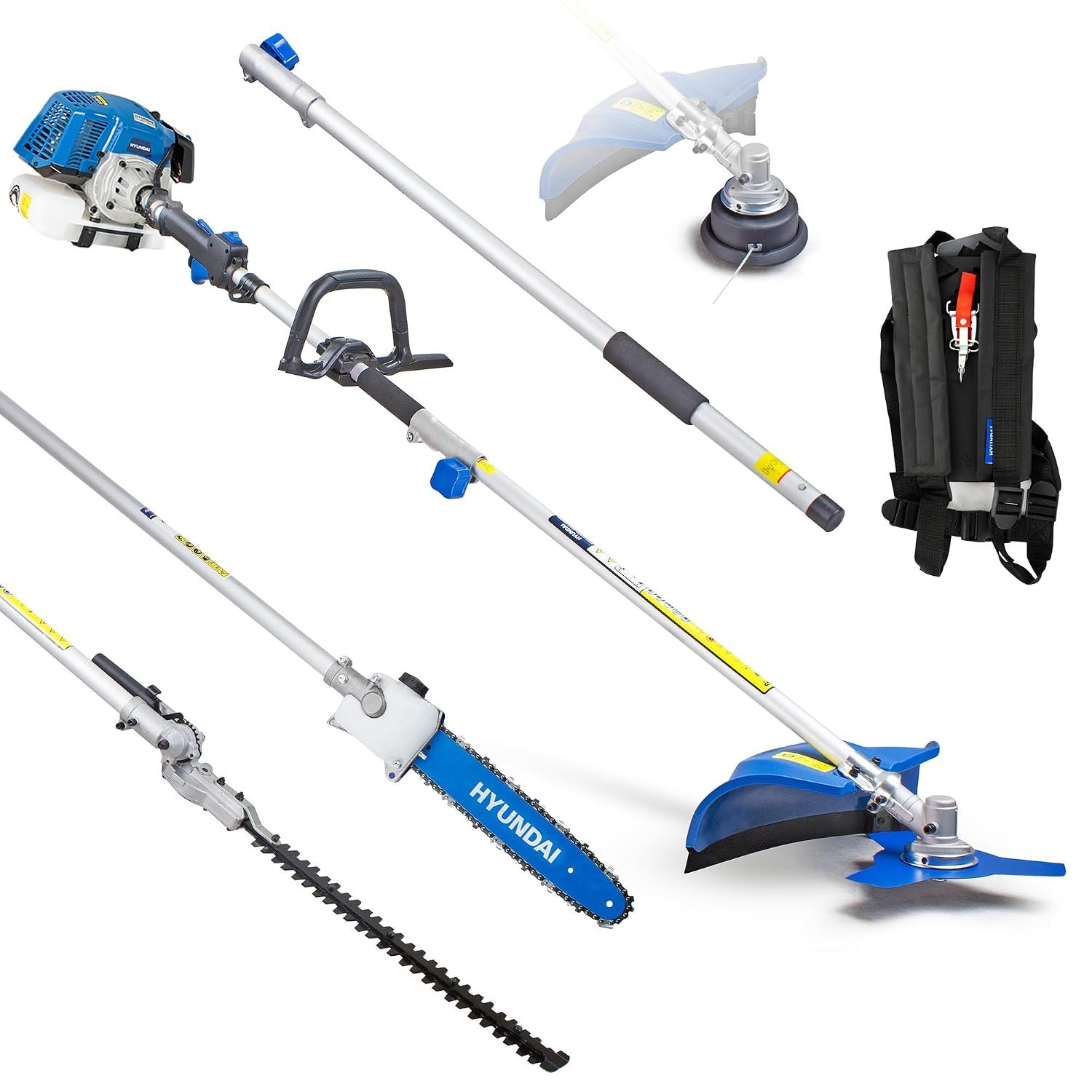 Hyundai 52cc Long Reach 5-in-1 Petrol Garden Multi Tool with 430mm Grass Trimmer, 425mm Hedge Trimmer, 10" Pole Chainsaw, Brushcutter with 800mm extension shaft