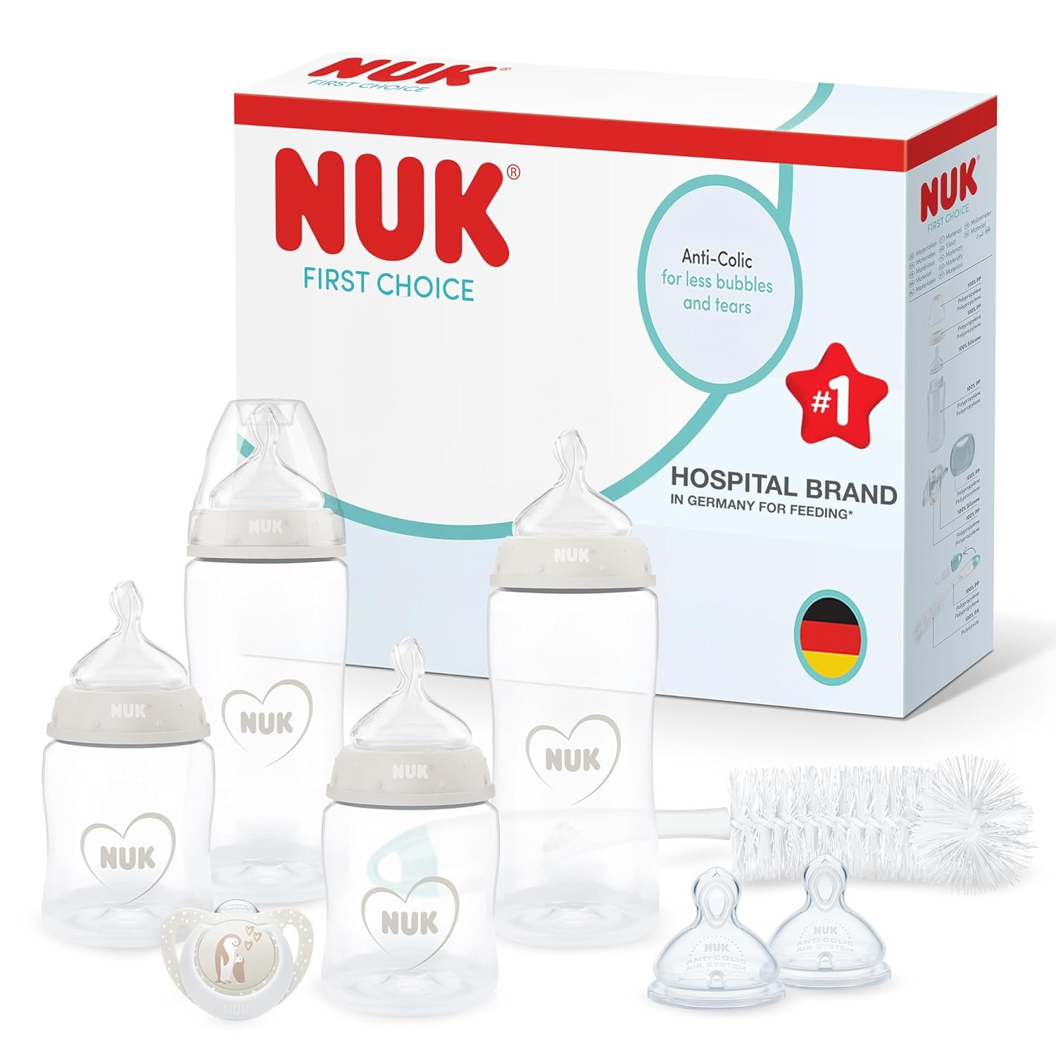 NUK First Choice Perfect Start Newborn Essentials Baby Bottles Set | 0-6 Months | 4 x Anti-Colic Feeding Bottles (150ml, 300ml), 2 x Teats, 1 x Dummy, 1 x Bottle Brush | Neutral | 8 Count