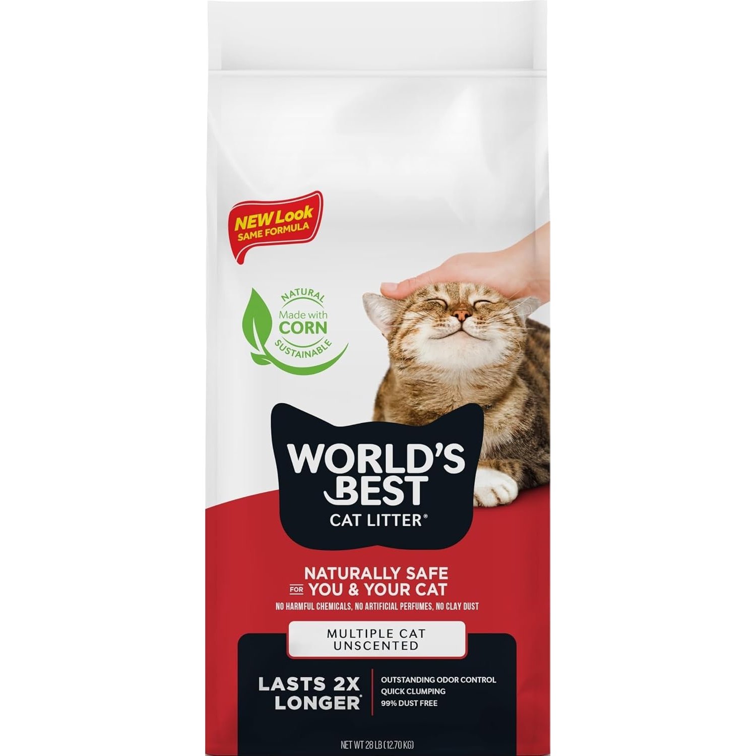 WORLD'S BEST CAT LITTER Multiple Cat Unscented, 28-Pounds - Natural Ingredients, Quick Clumping, Flushable, 99% Dust Free - Long-Lasting Odor Control & Easy Scooping