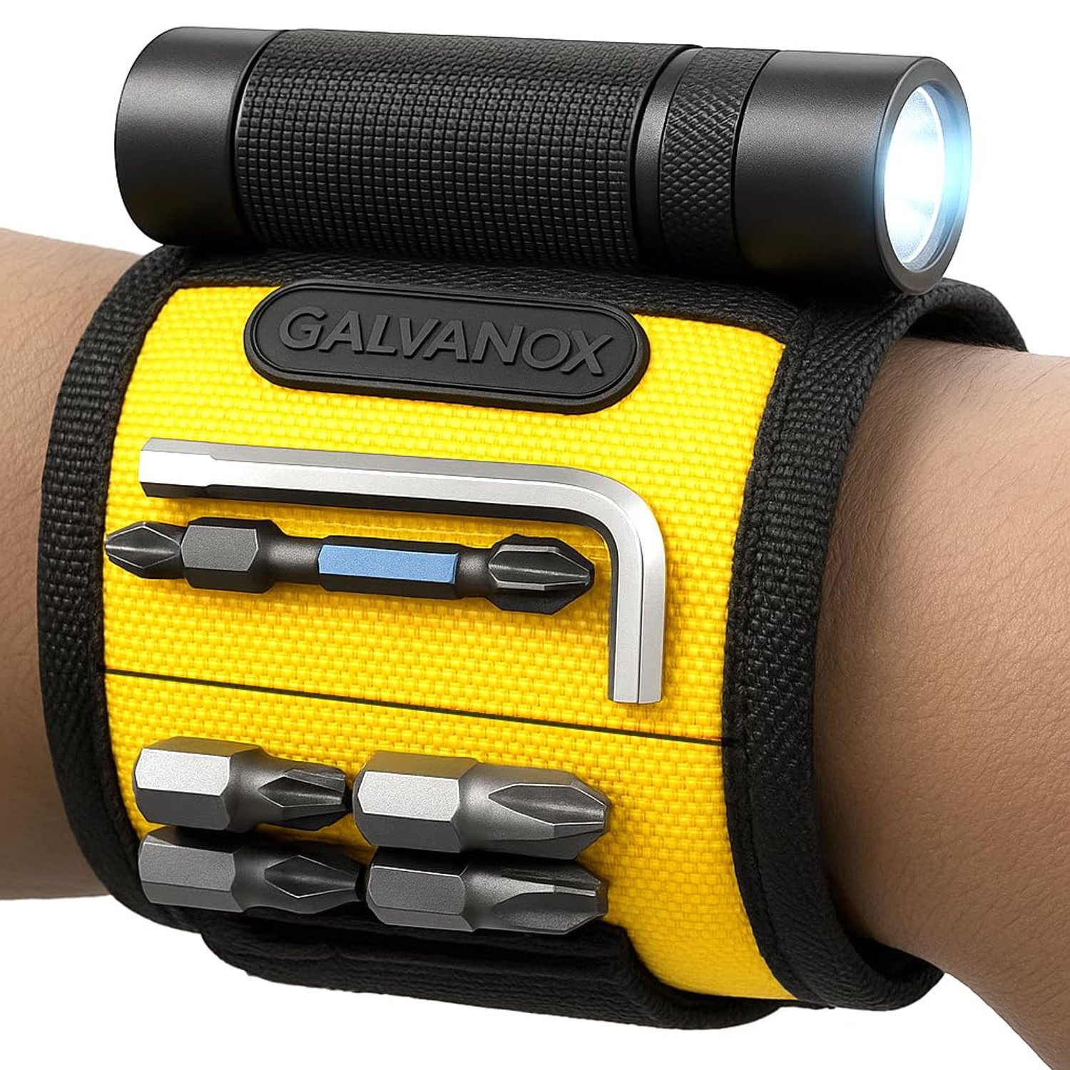 Galvanox - Magnetic Wristband with Hands Free Work Light (3 Modes) for Holding Screws, Nails and Drill Bits, Durable Nylon with Powerful Magnets, Tool Gift for Men, Dad, Husband