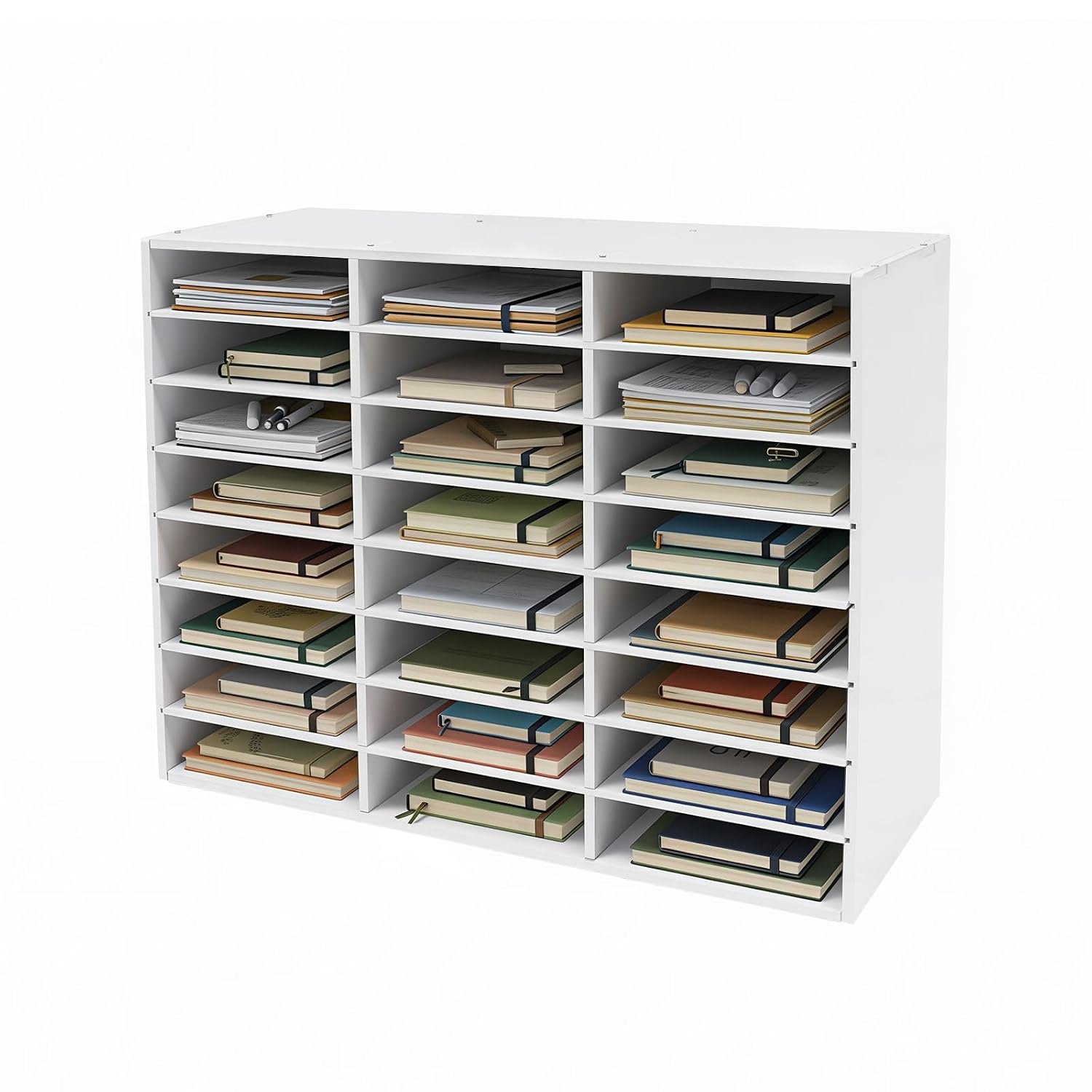 VonVVer 24 Compartment Literature Organizer, Heavy Duty Desk Paper Storage Organizer with Removable Partitions, 176 lbs Capacity, Modern Office Mailbox & Document Sorter (24 Compartment, White)