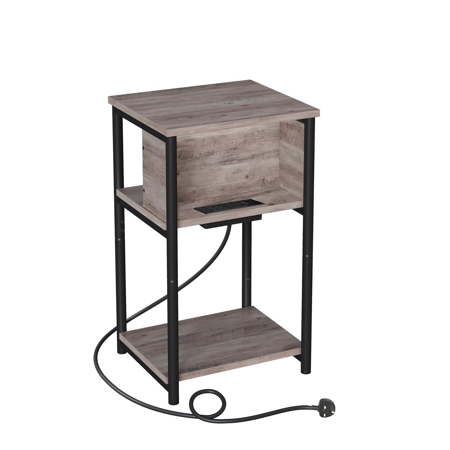 VASAGLE Slim Side Table with Charging Station, Narrow Bedside Table with 2 AC Outlets 2 USB Outlets, 30 x 34 x 58 cm, for Living Room, Bedroom, Heather Greige and Ink Black LET374B02