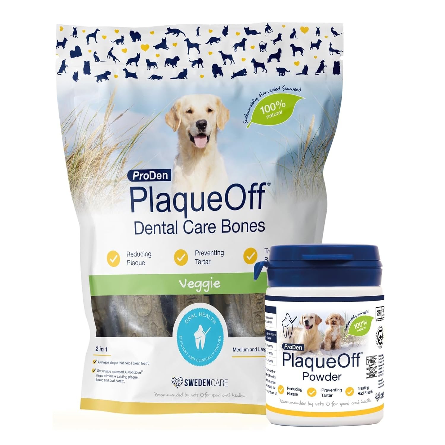 ProDen PlaqueOff Powder for Dogs & Cats, Tartar & Bad Breath Remover with 100% Natural Teeth Plaque Remover (60g Powder with 13 Veggie Bones - Bundle)