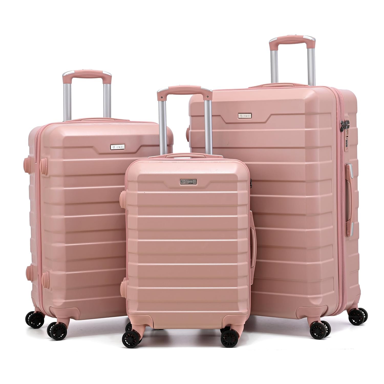 RMW Suitcase Large Medium Cabin Size Hard Shell Lightweight 4 Dual Spinner Wheels Trolley Luggage Suitcase Hold Check in Luggage TSA Combination Lock (Pink, 3 PIECE Full Set)