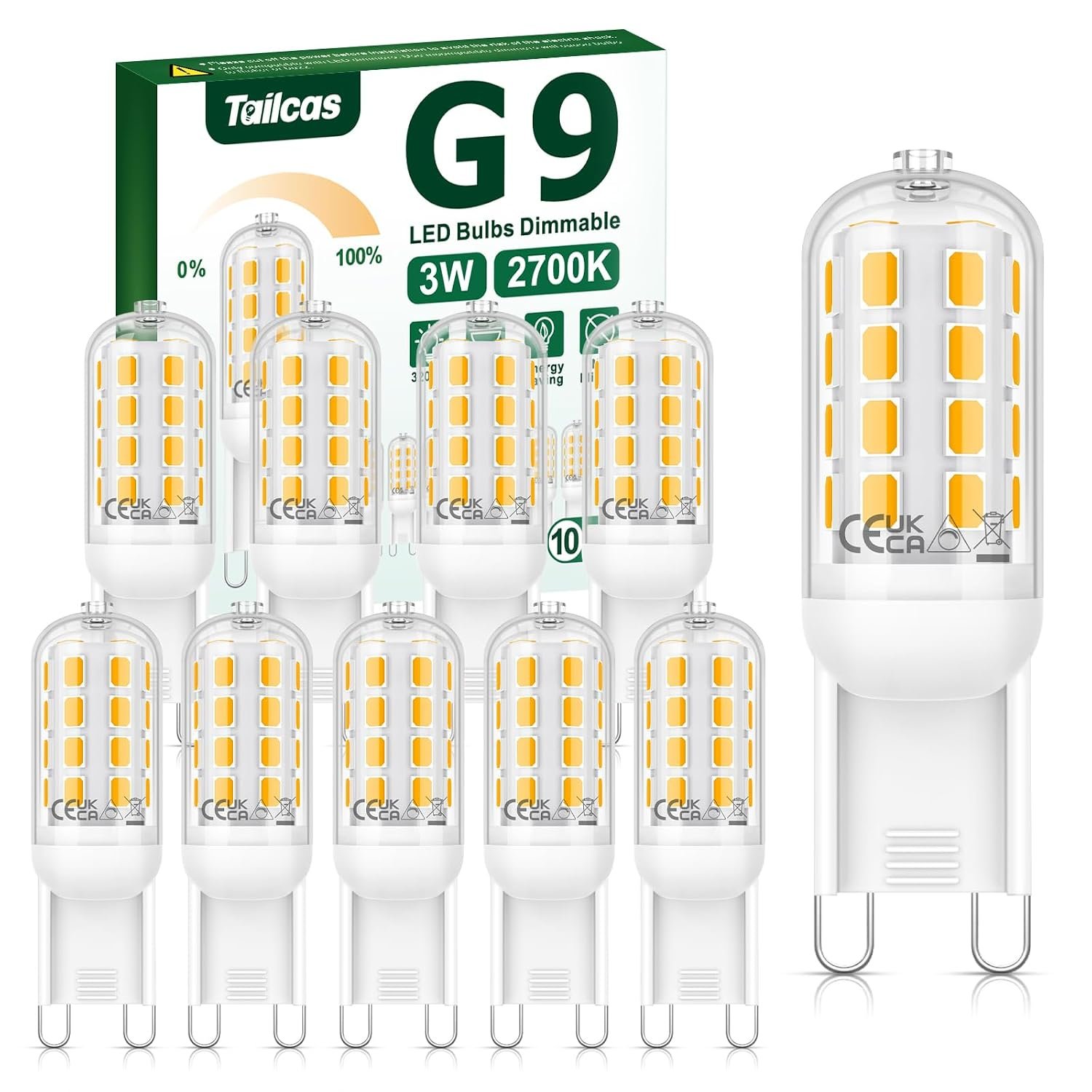 Tailcas G9 LED Bulbs Dimmable Warm White 2700K, 3W 320LM G9 Bulb Equivalent to 30W Halogen Bulb, No Flicker AC 220-240V, Energy Saving G9 Led Light Bulbs for Chandelier, Crystal Lamp, 10 Pack