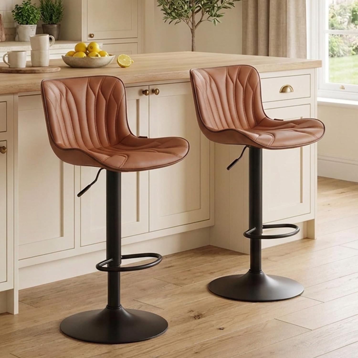 Kidol & Shellder Bar Stools Set of 2 Breakfast Barstools Adjustable Swivel Faux Leather Wing Back Counter Stools, Brown, 3-5 Mins to Assemble, Loads 300lbs