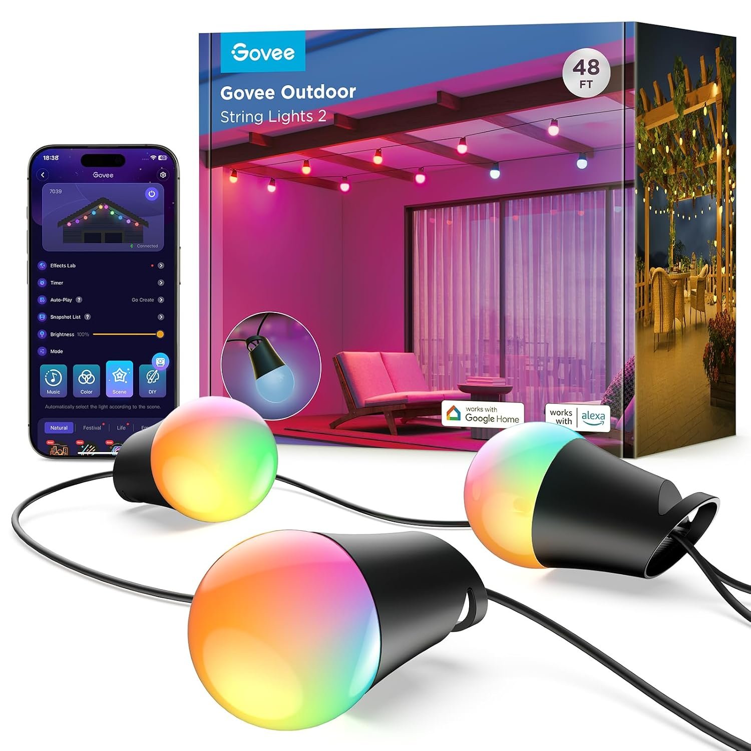 Govee Outdoor Smart String Lights 2, 15M Dimmable RGBICW Outdoor Lights with 16 Million Color and 47 Scene Modes, 100lm per LED Last for 25,000h, IP65 Waterproof, Works with Google Assistant